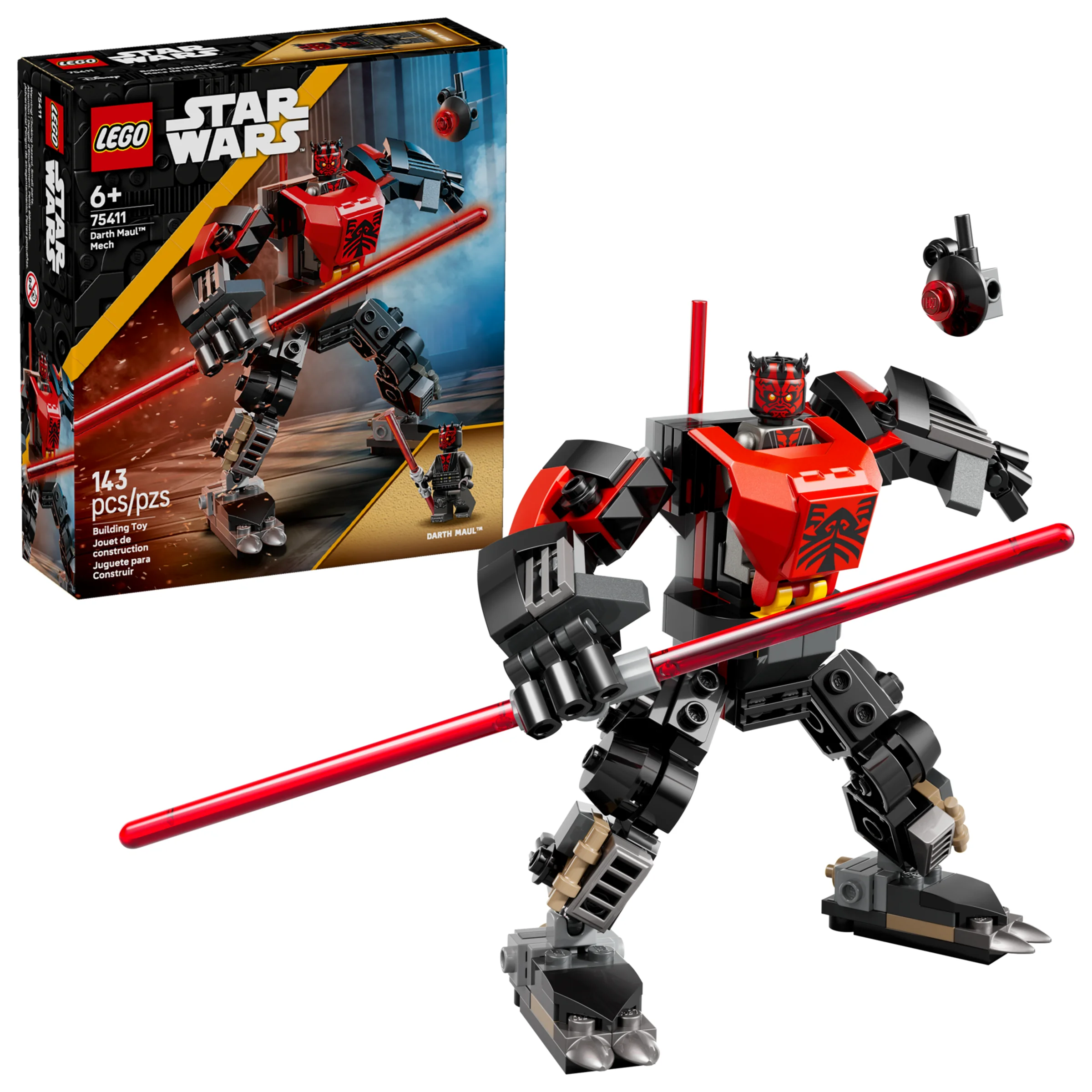 Imagine cu setul LEGO 75411 Darth Maul Mech, modelul și cutia. Setul are detalii roșii și negre.