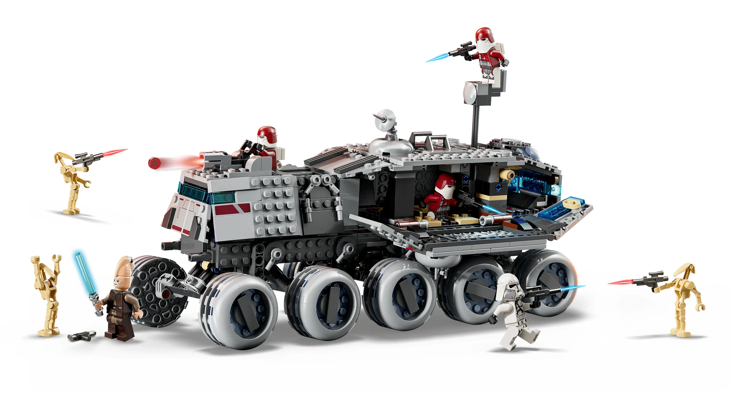 Imagine cu Juggernaut-ul Republicii, model LEGO Star Wars. Complex, gri, cu trăgători și minifigurine.