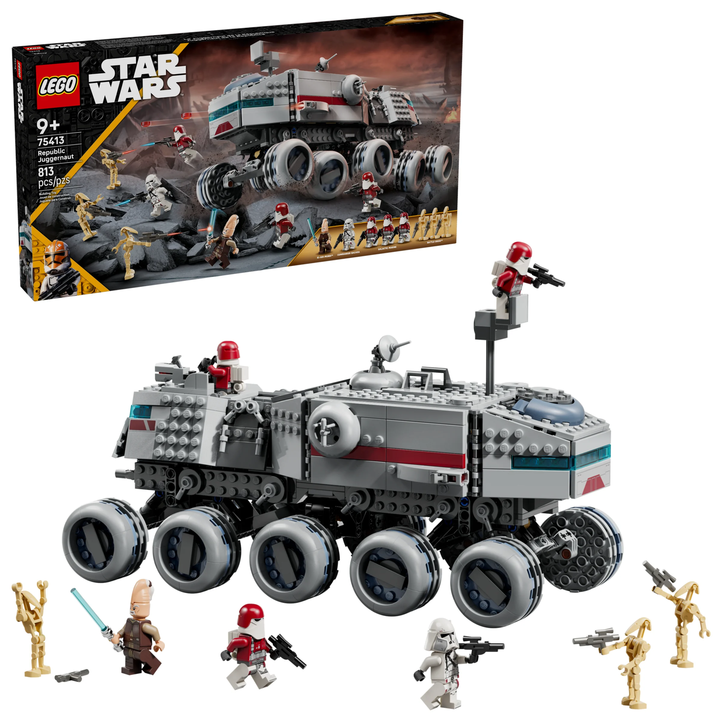 Imagine cu setul LEGO 75413 Republic Juggernaut, modelul și cutia sunt vizibile.