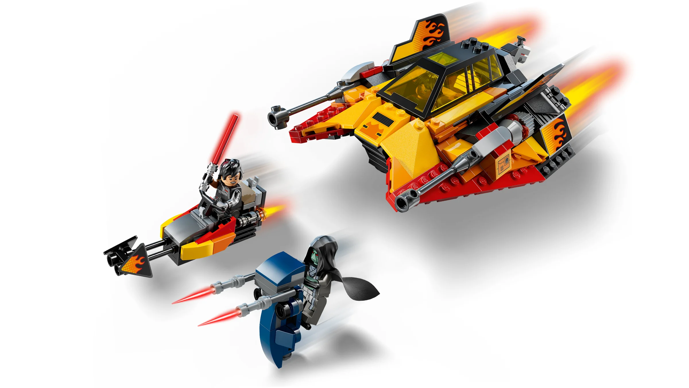 Imagine detaliată cu vehiculele și minifigurinele setului LEGO 75414, inclusiv lansatoare de proiectile.