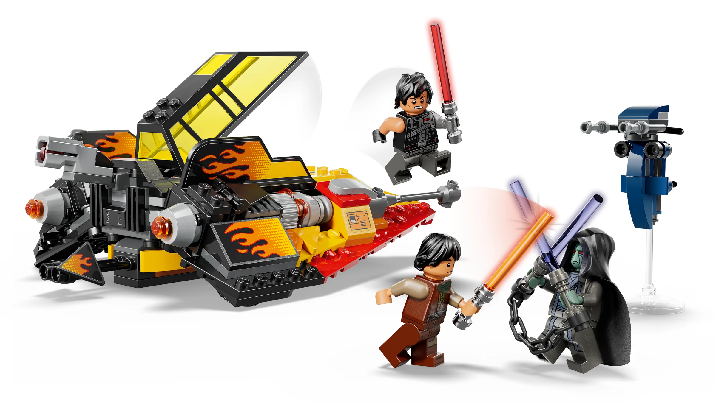Imagine cu naveta și minifigurinele setului LEGO 75414 „Force Burner Snowspeeder”.
