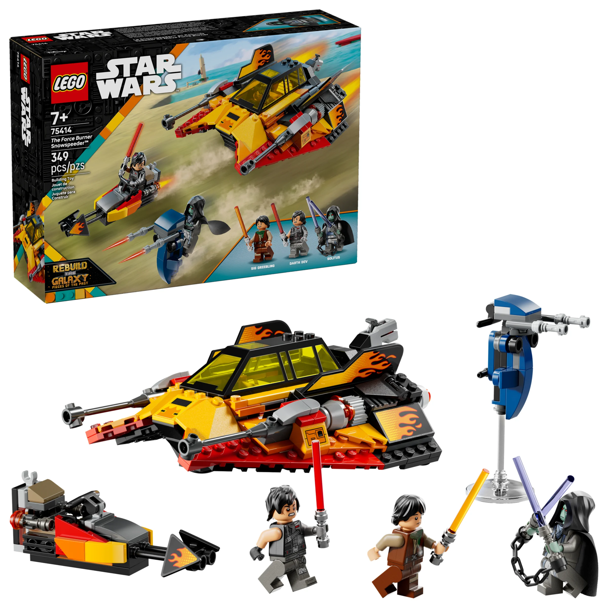 Imagine cu setul LEGO Star Wars 75414, „The Force Burner Snowspeeder”, ce include cutia, vehicule și minifigurine.