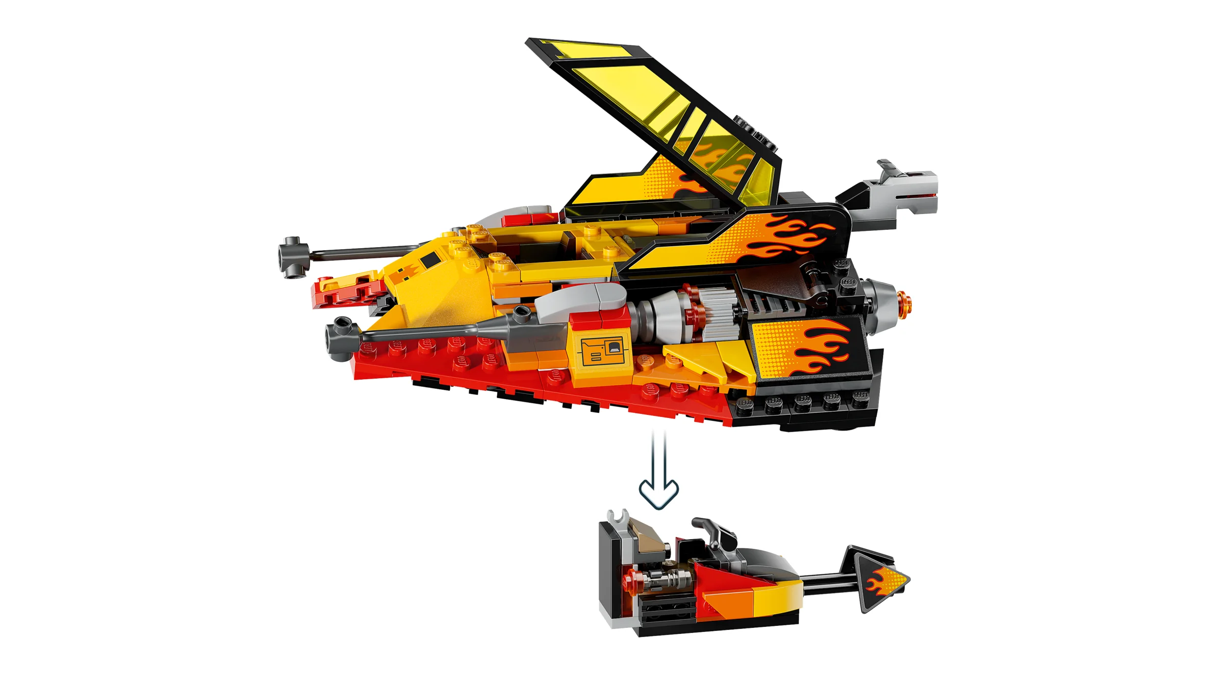 Snowspeeder-ul Force Burner cu cabina deschisă și speeder separat. Design viu, cu flăcări.