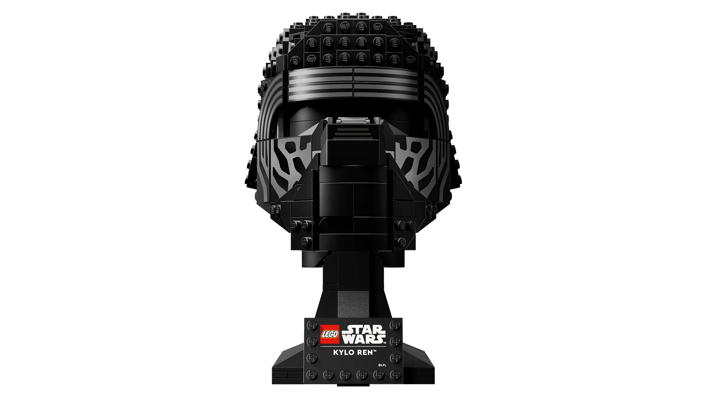 Imagine cu casca Kylo Ren LEGO Star Wars, o construcție detaliată în întregime neagră.