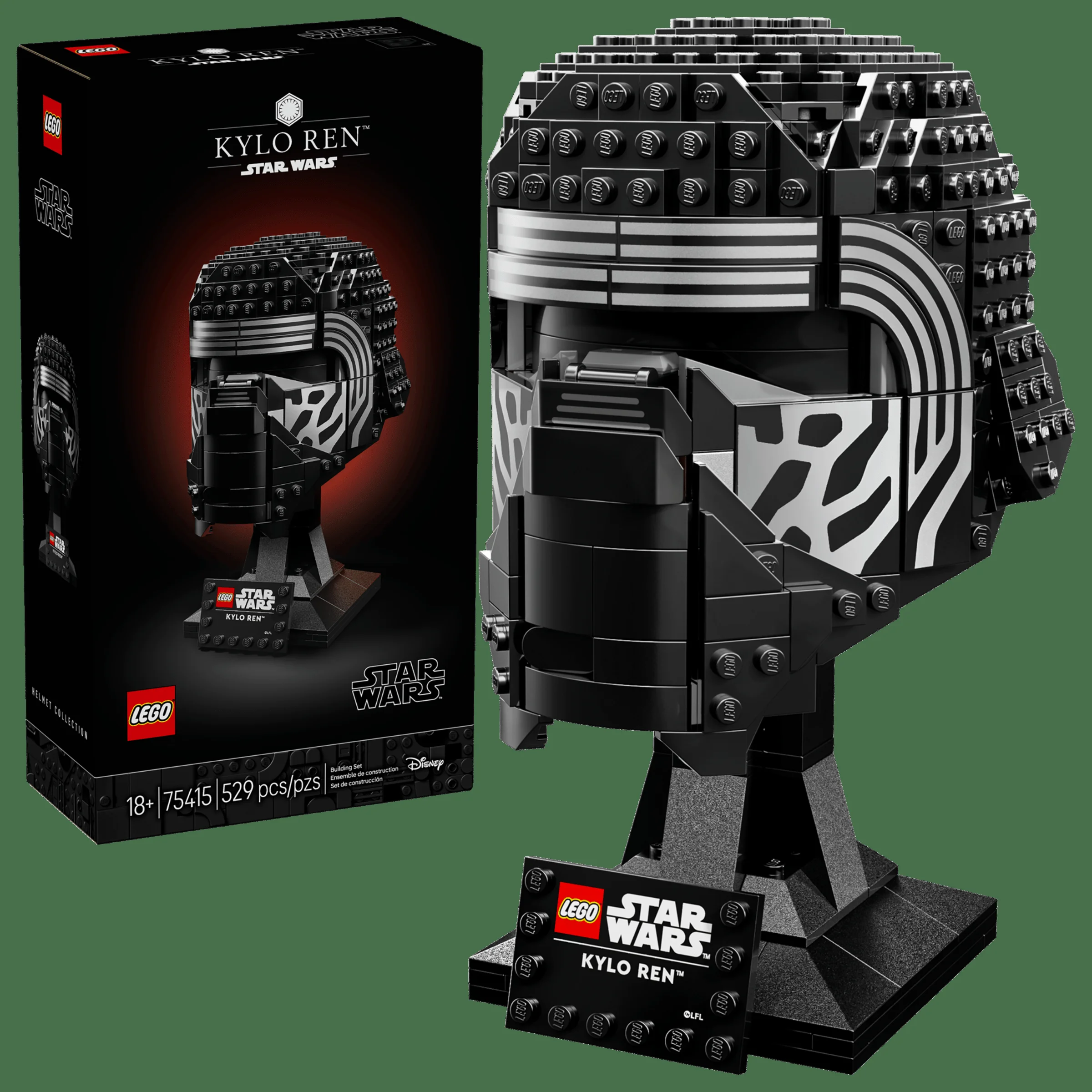 Casca lui Kylo Ren LEGO Star Wars, setul 75415, prezentată lângă cutia produsului pe fundal verde.