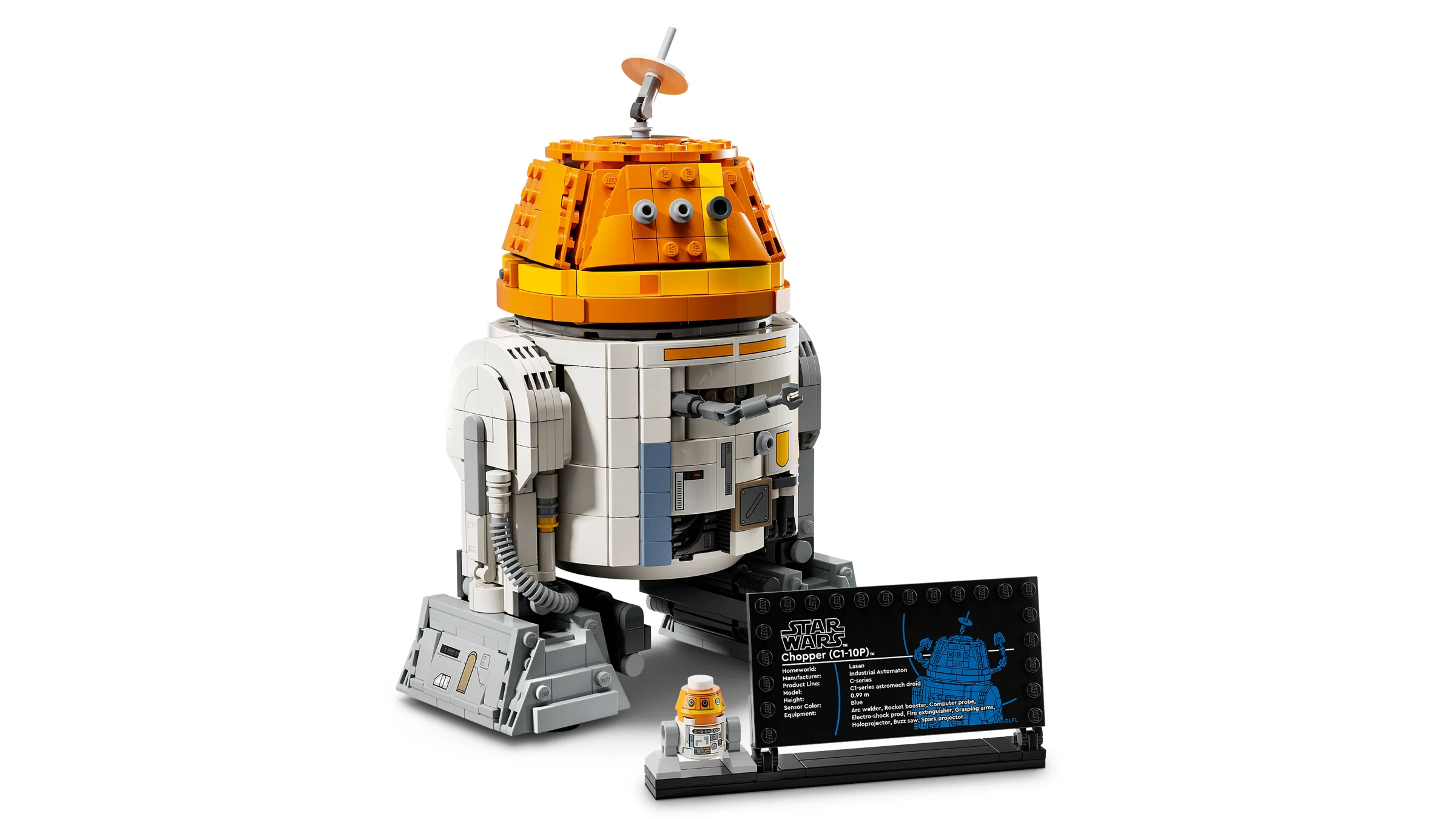 Imagine cu modelul LEGO Chopper (C1-10P), detaliat și cu panou informativ. O piesă de colecție Star Wars.