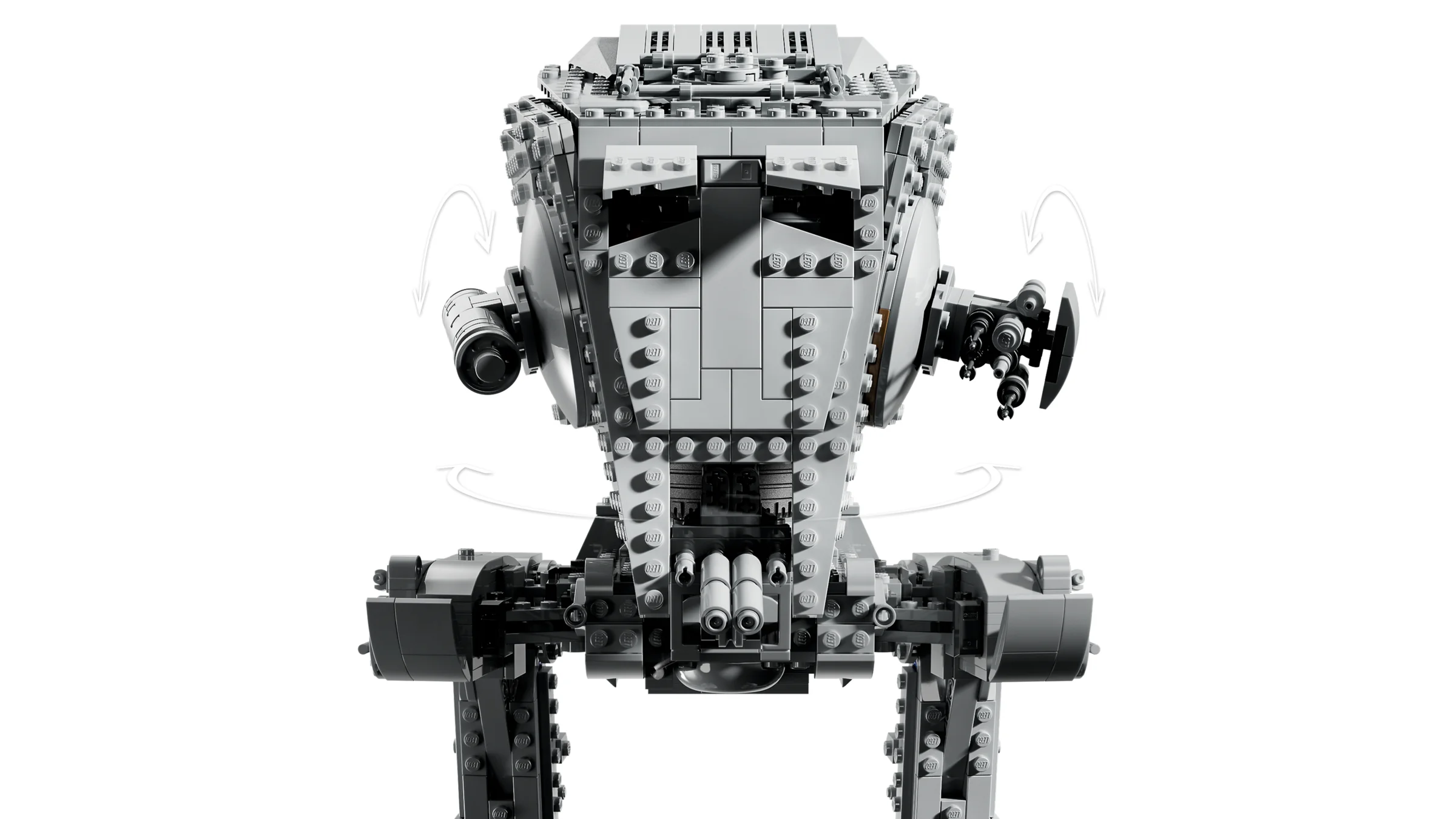 Imagine detaliată cu AT-ST, ce arată turela rotativă și armele mobile. Model Star Wars.