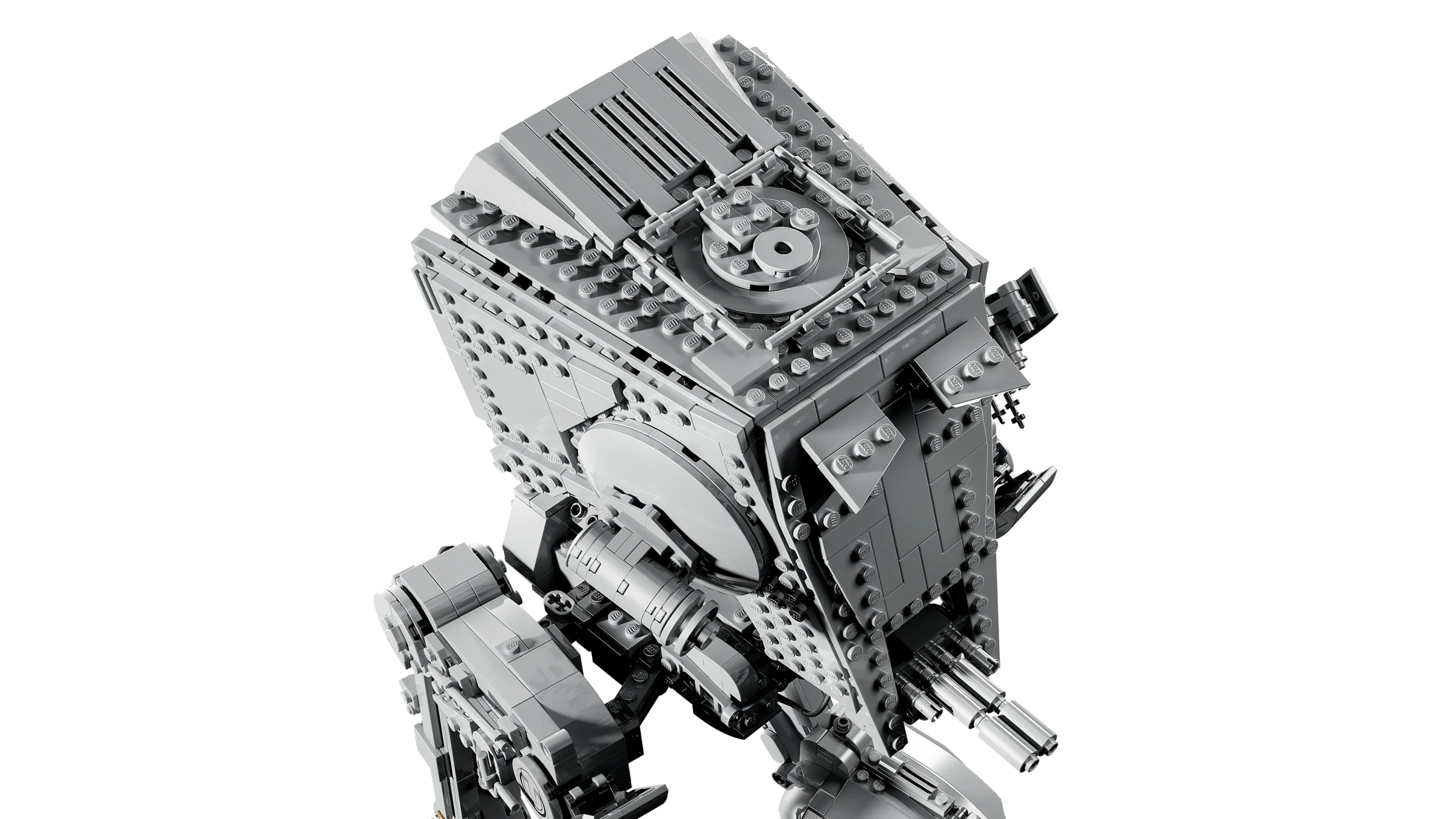 Imagine detaliată a modelului AT-ST construit din piese LEGO. Design realist, gri uniform.