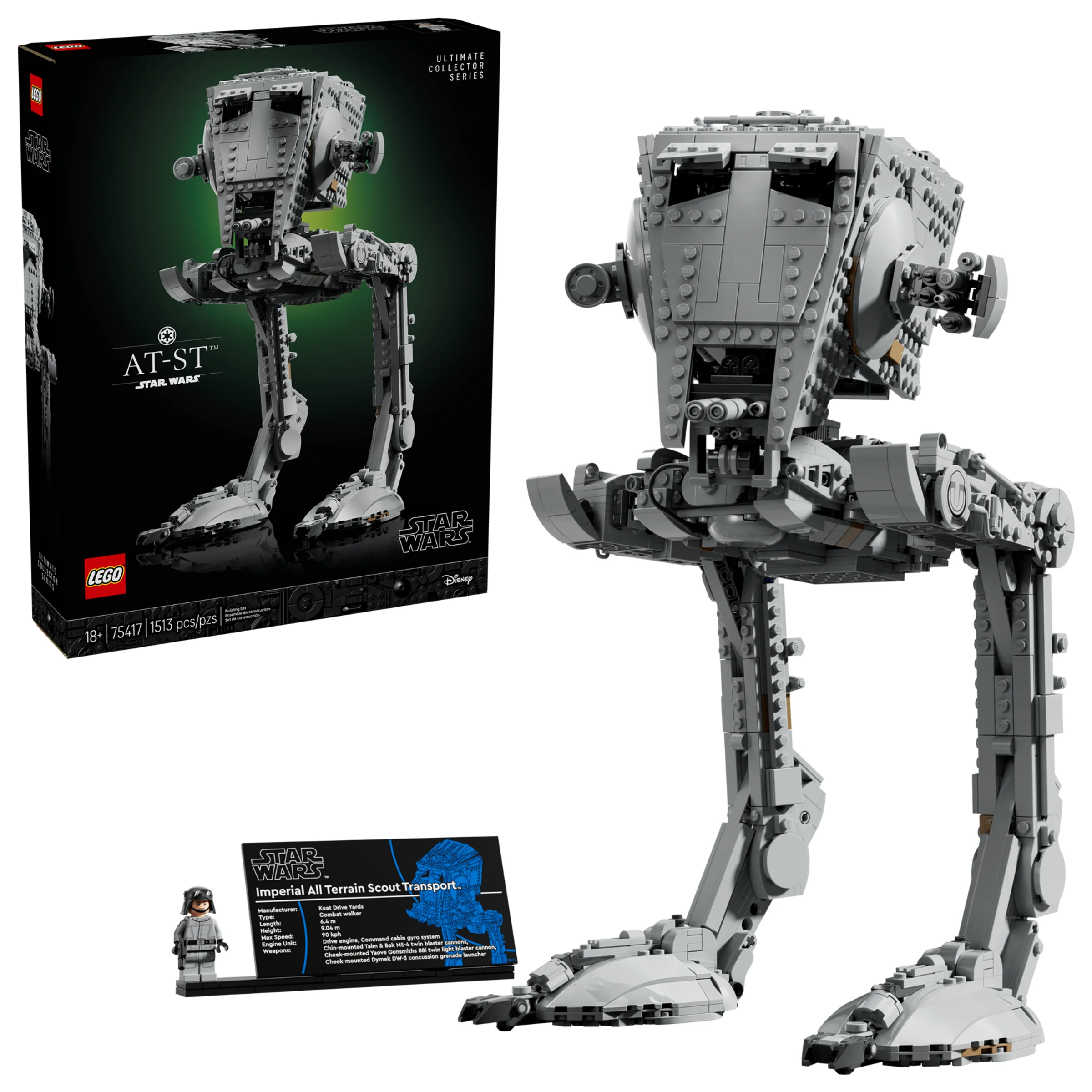 Imagine detaliată cu setul LEGO 75417 AT-ST, inclusiv cutia, minifigurina și specificațiile tehnice.