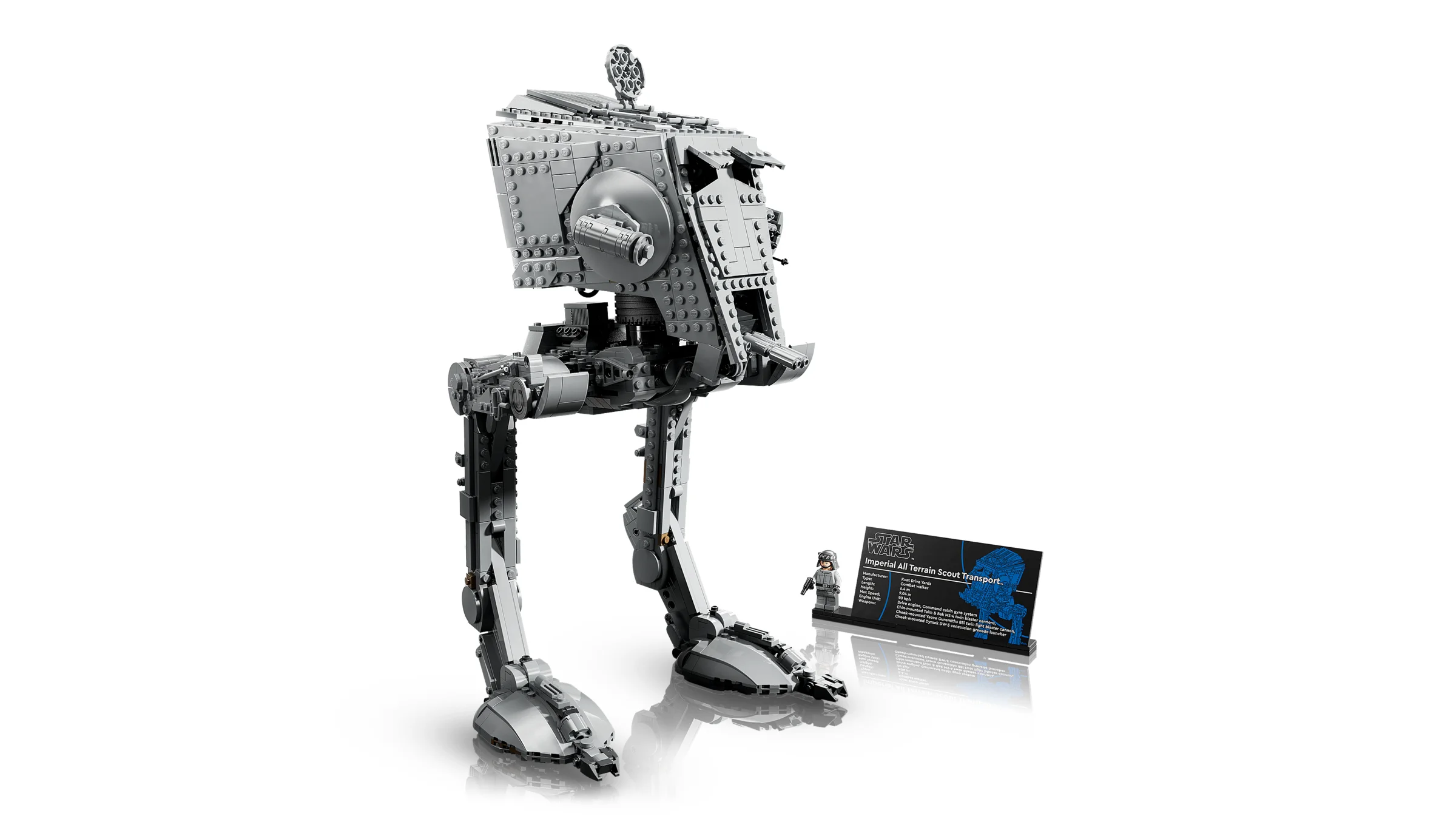 Imagine cu modelul LEGO AT-ST și o minifigurină, pe un fundal alb.