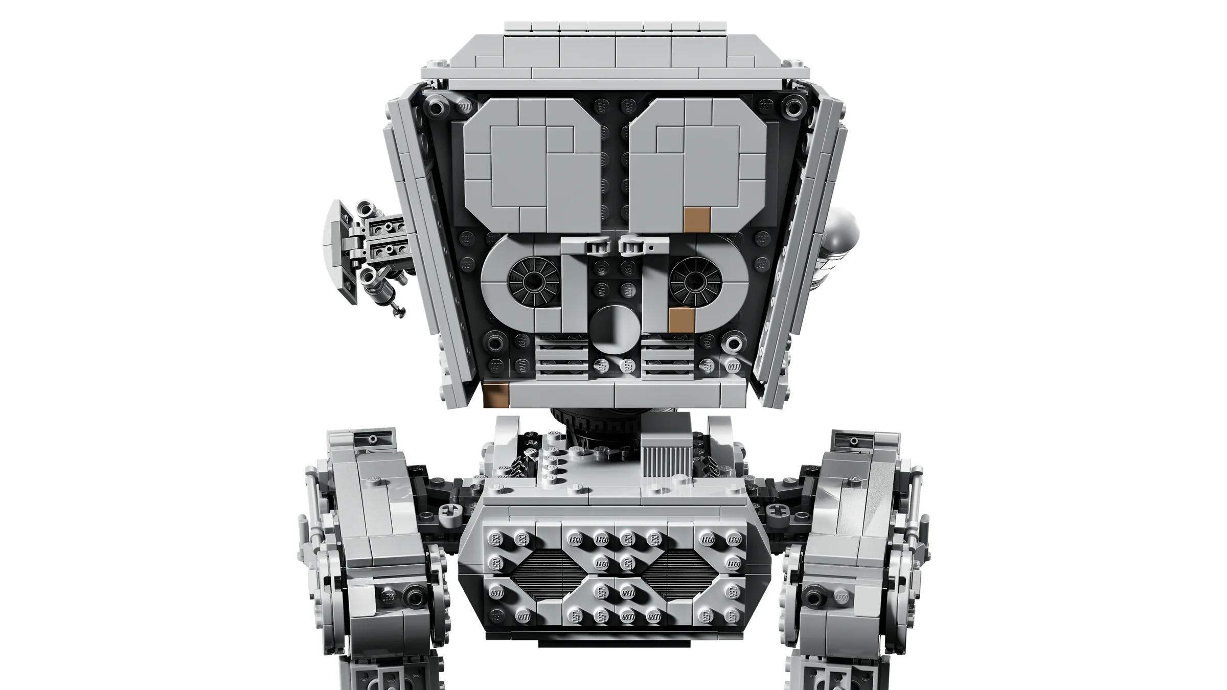 Prim-plan al modelului AT-ST LEGO, detaliind construcția și elementele sale gri.