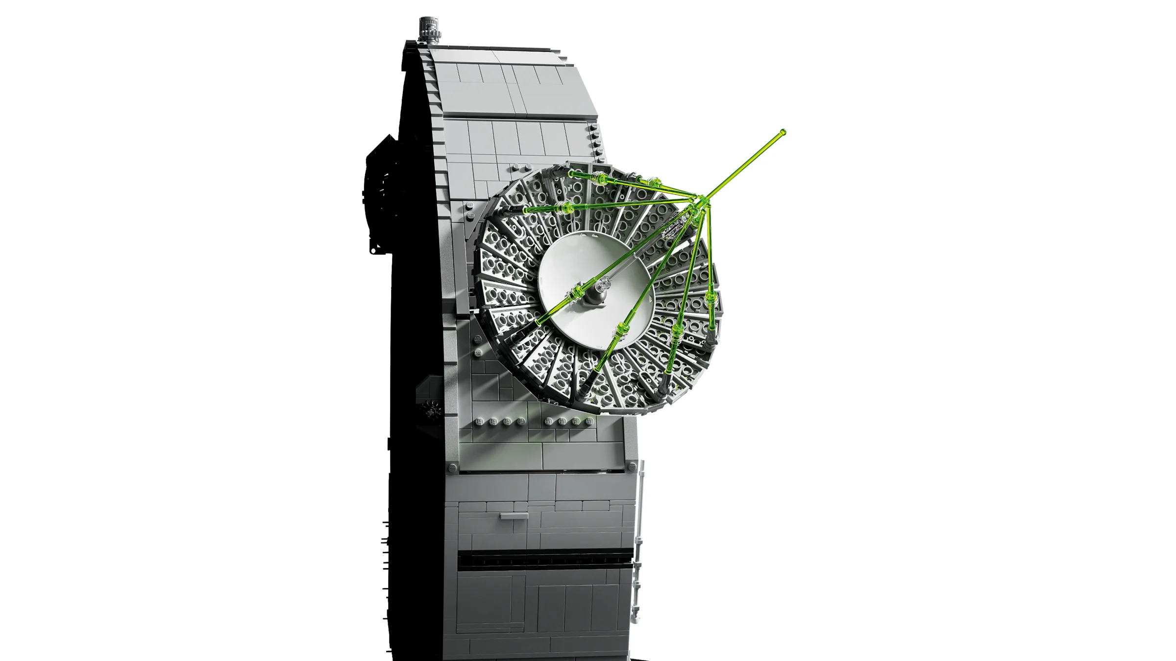 O imagine cu macheta LEGO Death Star, arătând detaliile construcției și superlaserul.