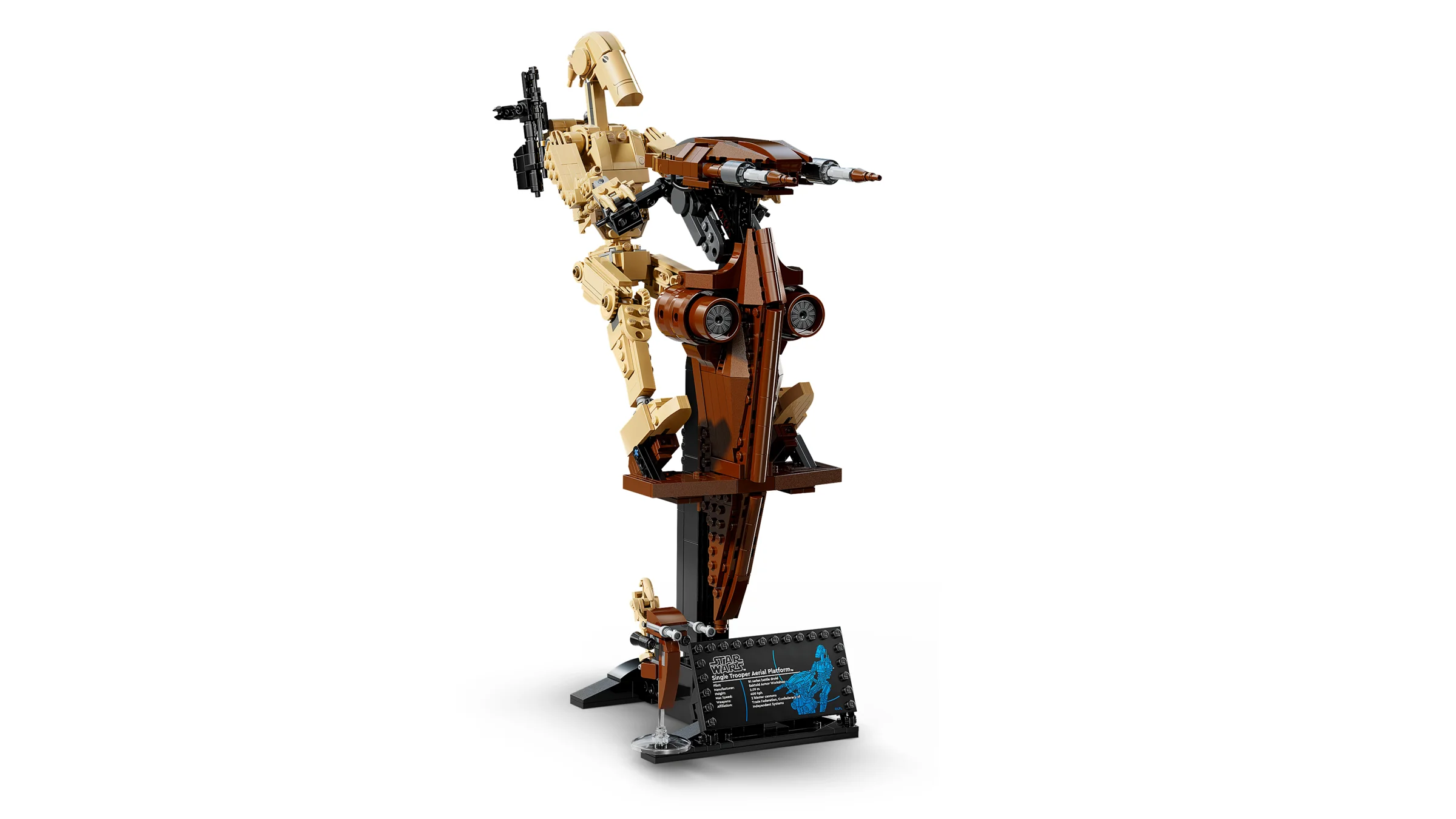 Imagine cu droidul de luptă și STAP LEGO Star Wars (75428) pe suport. Model detaliat.