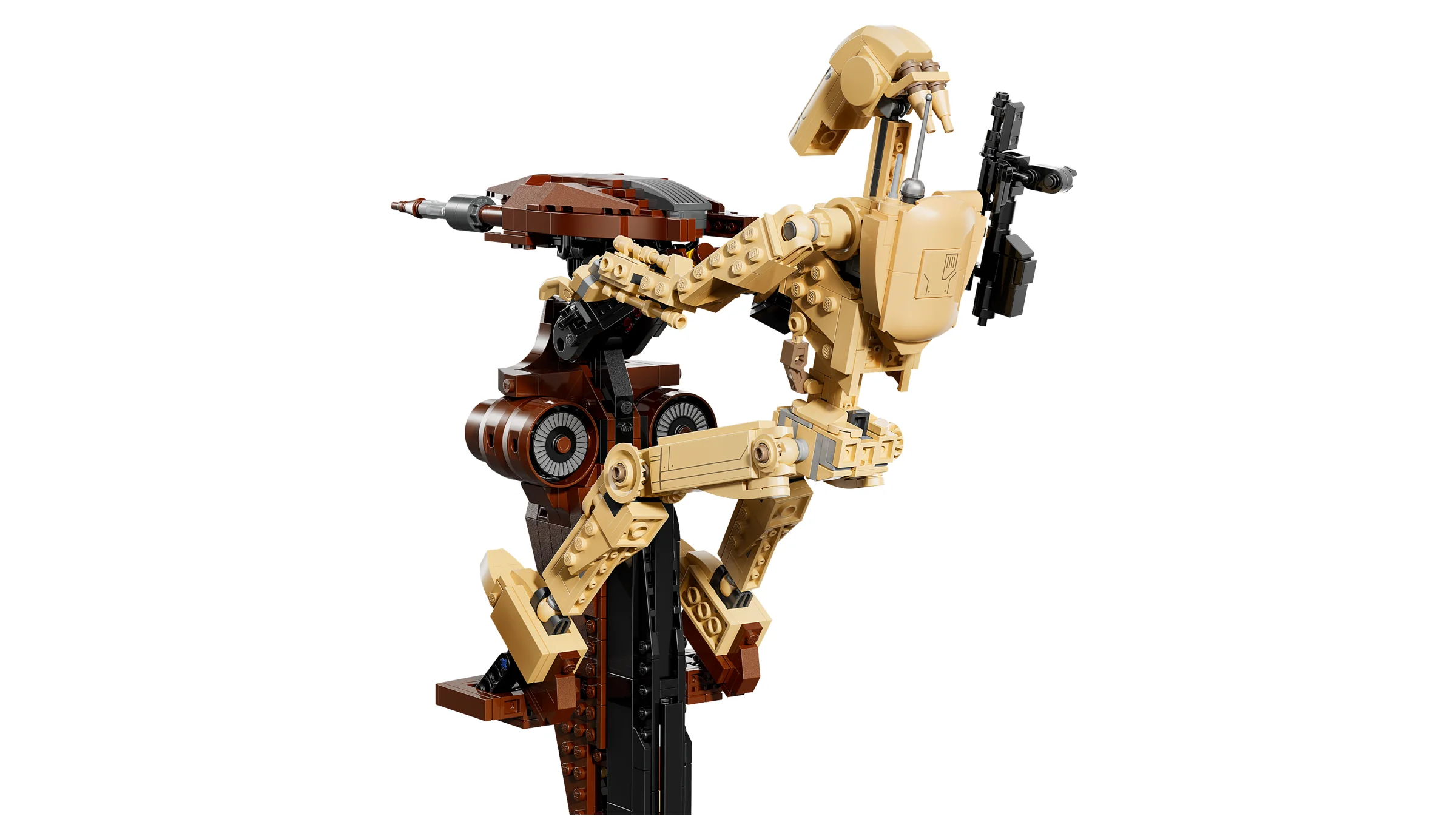 Imagine cu droidul de luptă și STAP-ul său, detaliate și construite din piese LEGO.