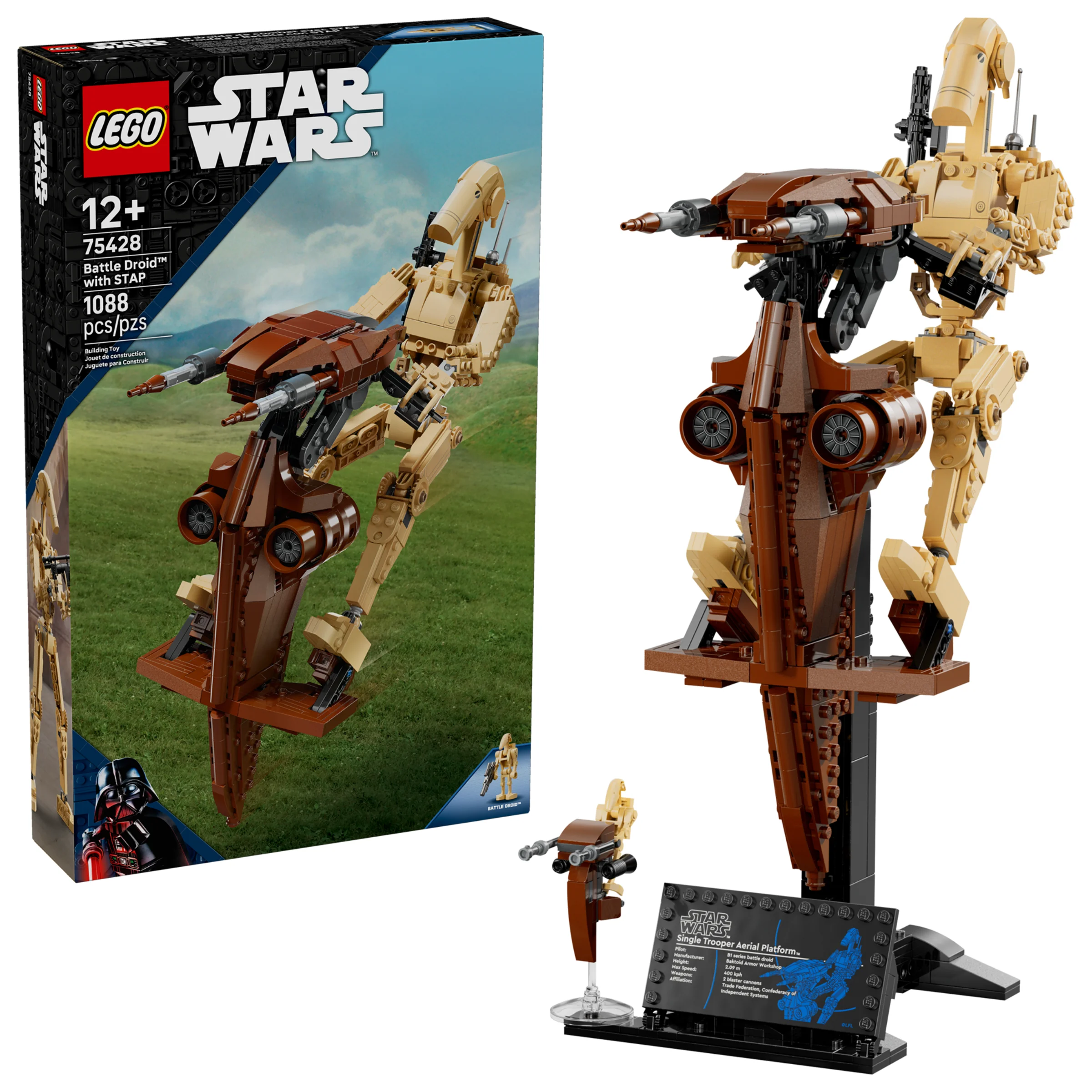 Imagine cu setul LEGO Star Wars 75428: Battle Droid cu STAP și cutia produsului.