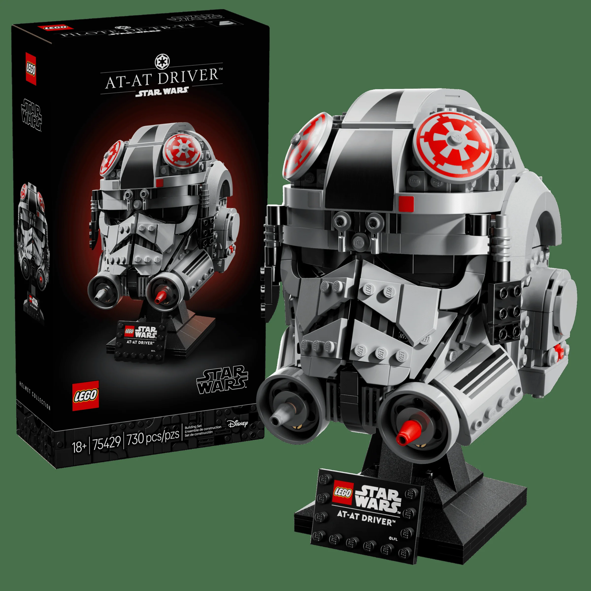Imagine cu casca AT-AT Driver LEGO Star Wars și cutia produsului. O piesă de colecție impresionantă.