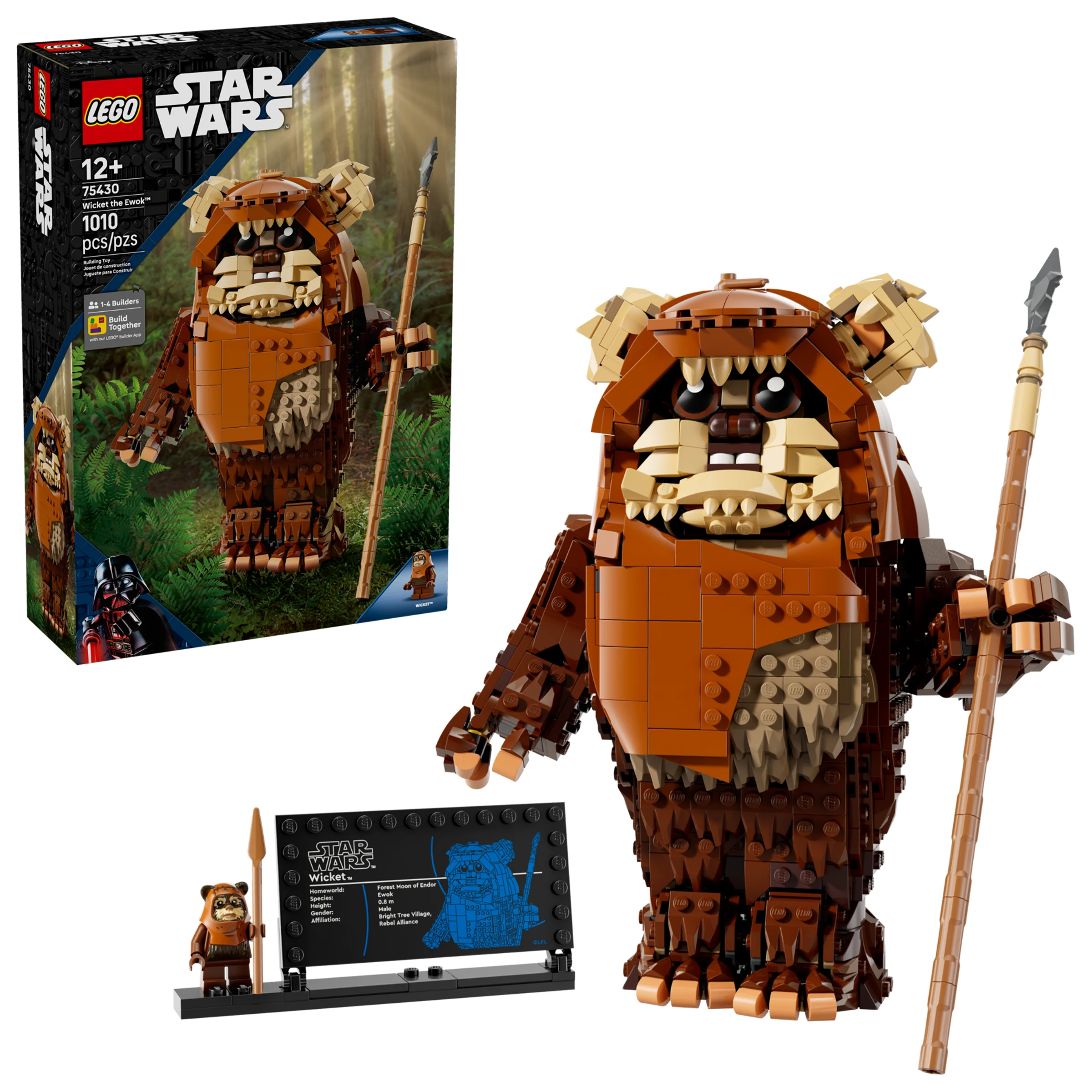 Imagine cu setul LEGO Star Wars 75430, Wicket the Ewok, incluzând cutia, modelul construit și minifigurina.