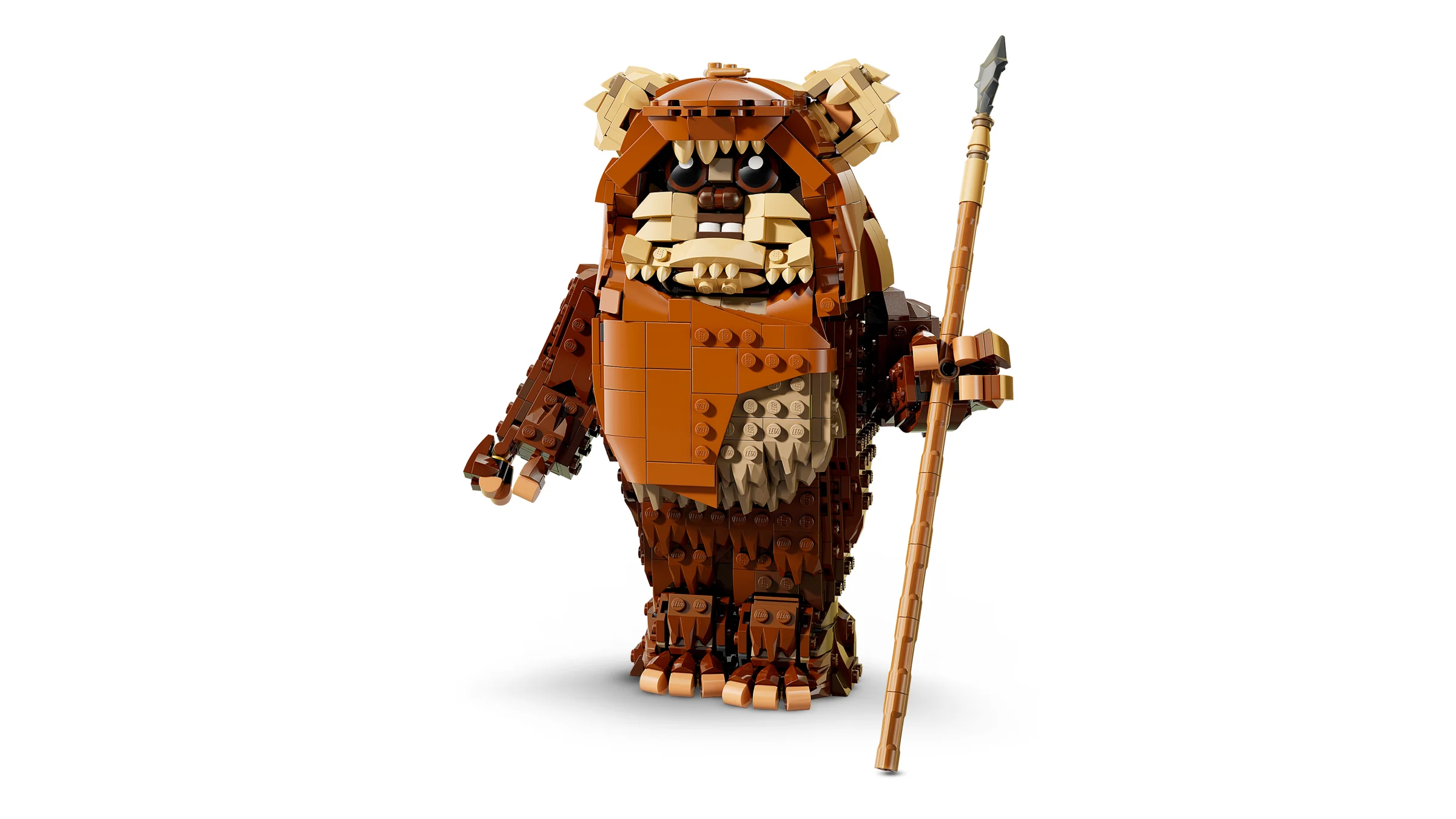 Wicket Ewok construit din cărămizi LEGO, cu suliță. Detaliu maro.