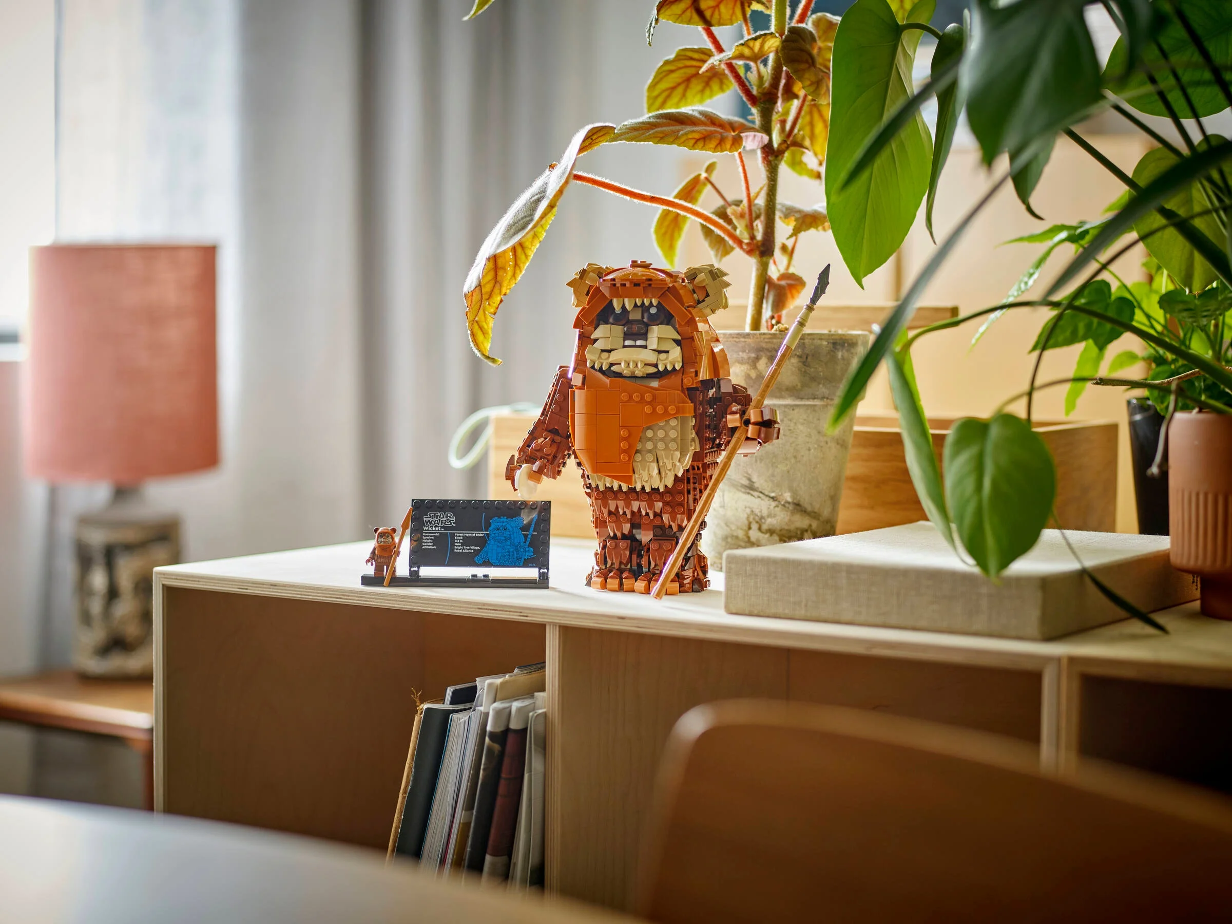 Wicket Ewok LEGO Star Wars expus pe o etajeră, cu o minifigurină și o placă informativă.