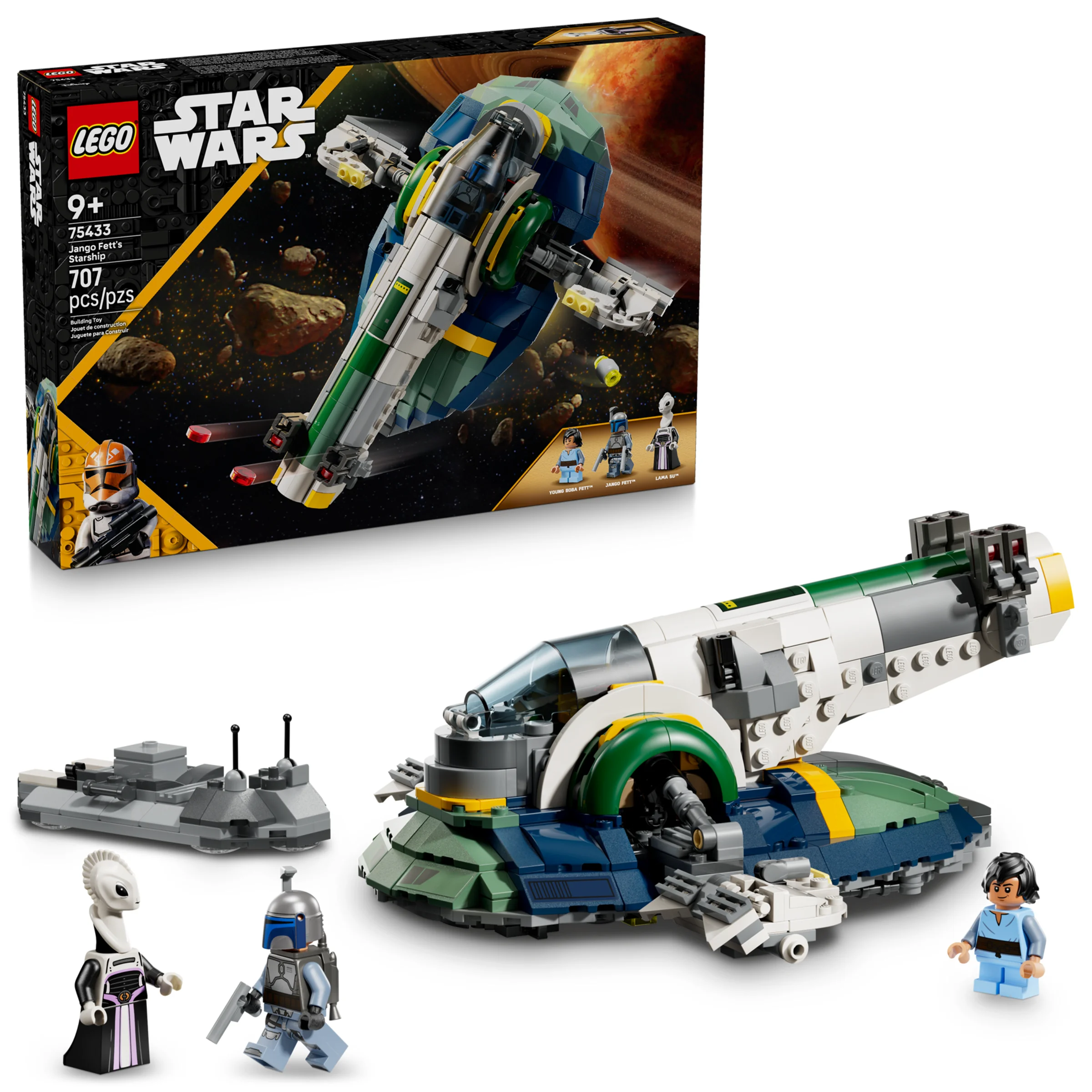 Imagine cu cutia și nava Jango Fett, setul LEGO 75433, plus minifigurinele incluse.