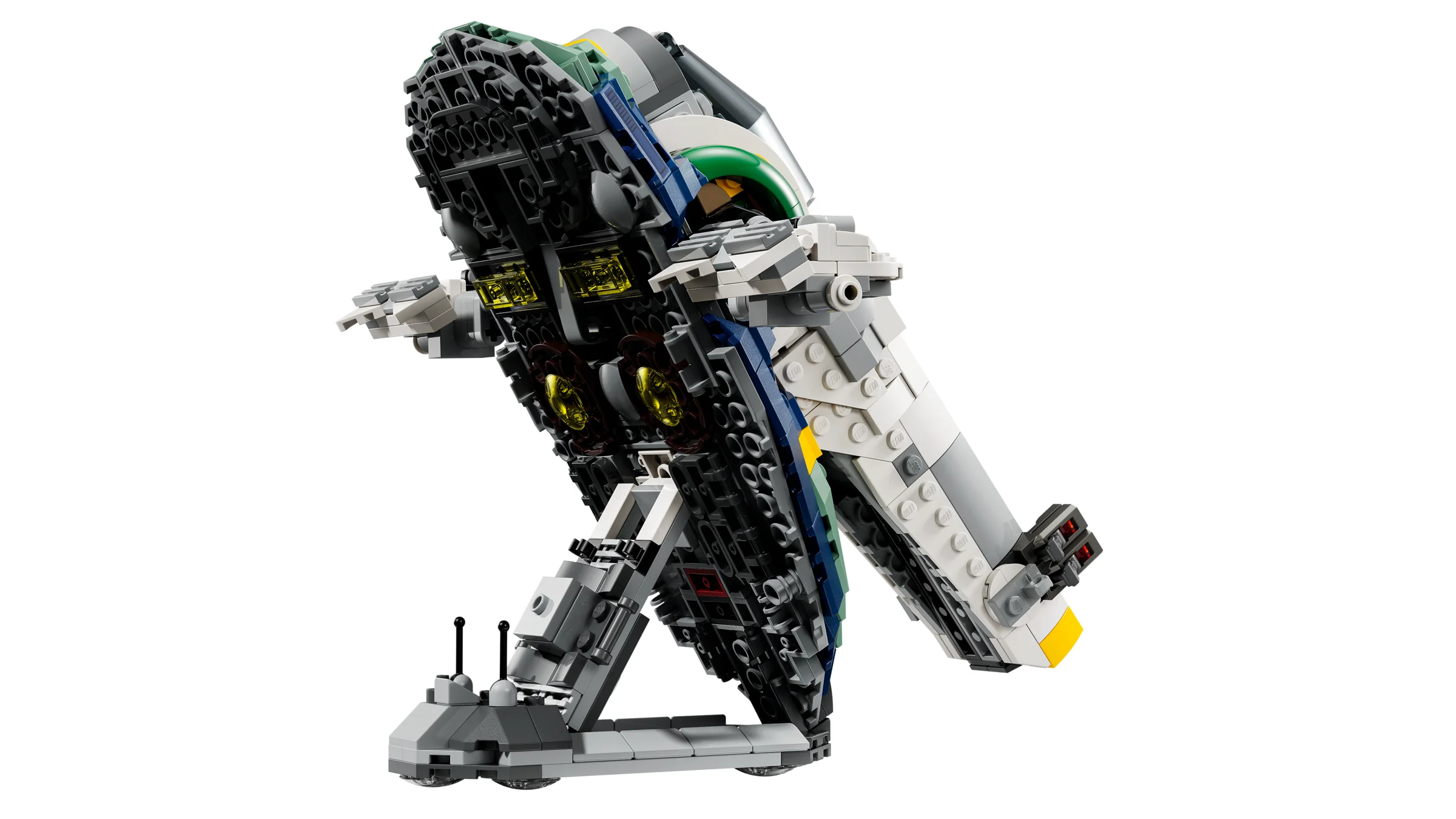 O perspectivă de jos a navei stelare Jango Fett, cu detalii ale construcției LEGO.