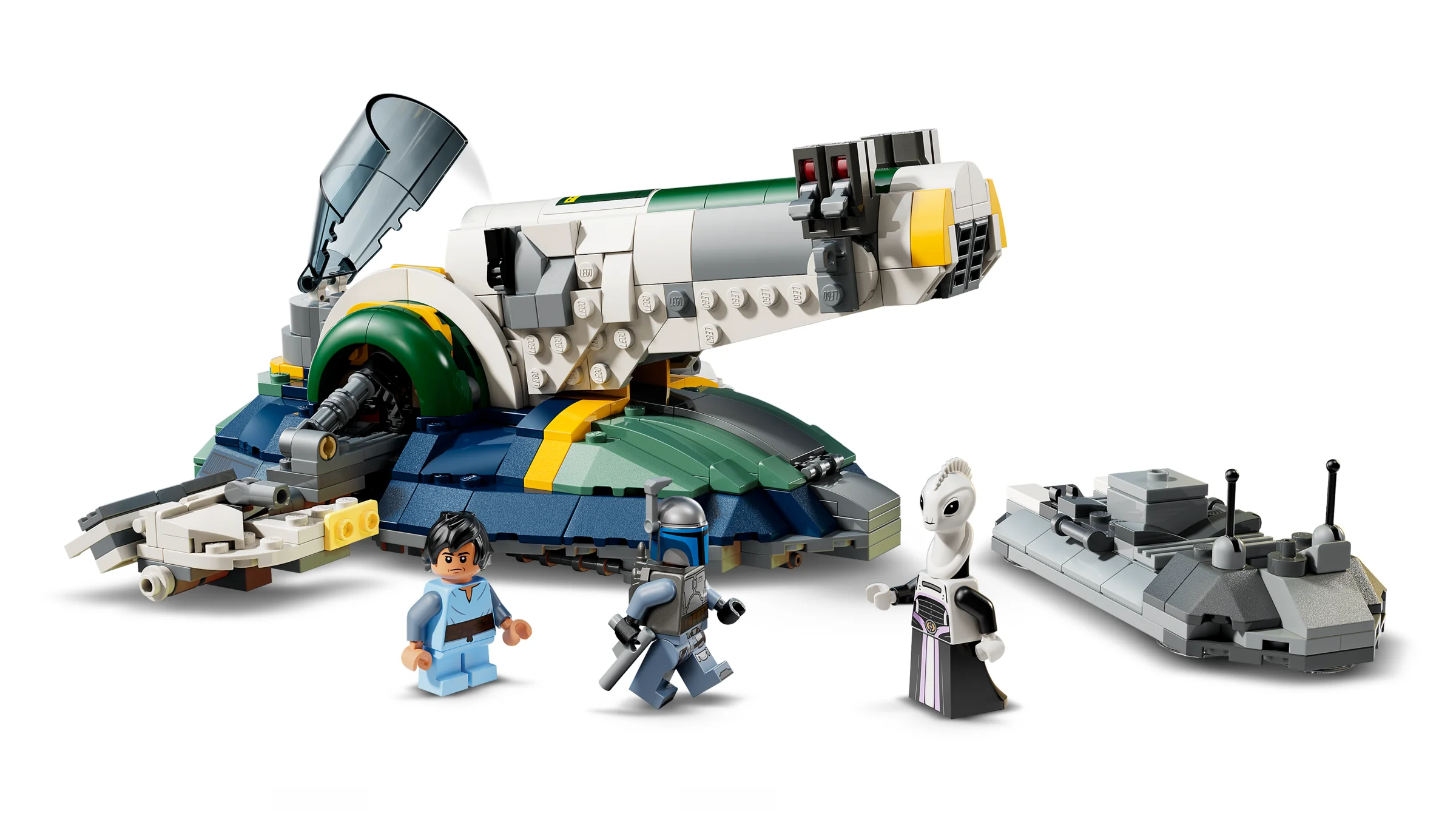 Prezentare a setului LEGO 75433: Nava spațială a lui Jango Fett, cu minifigurine incluse.