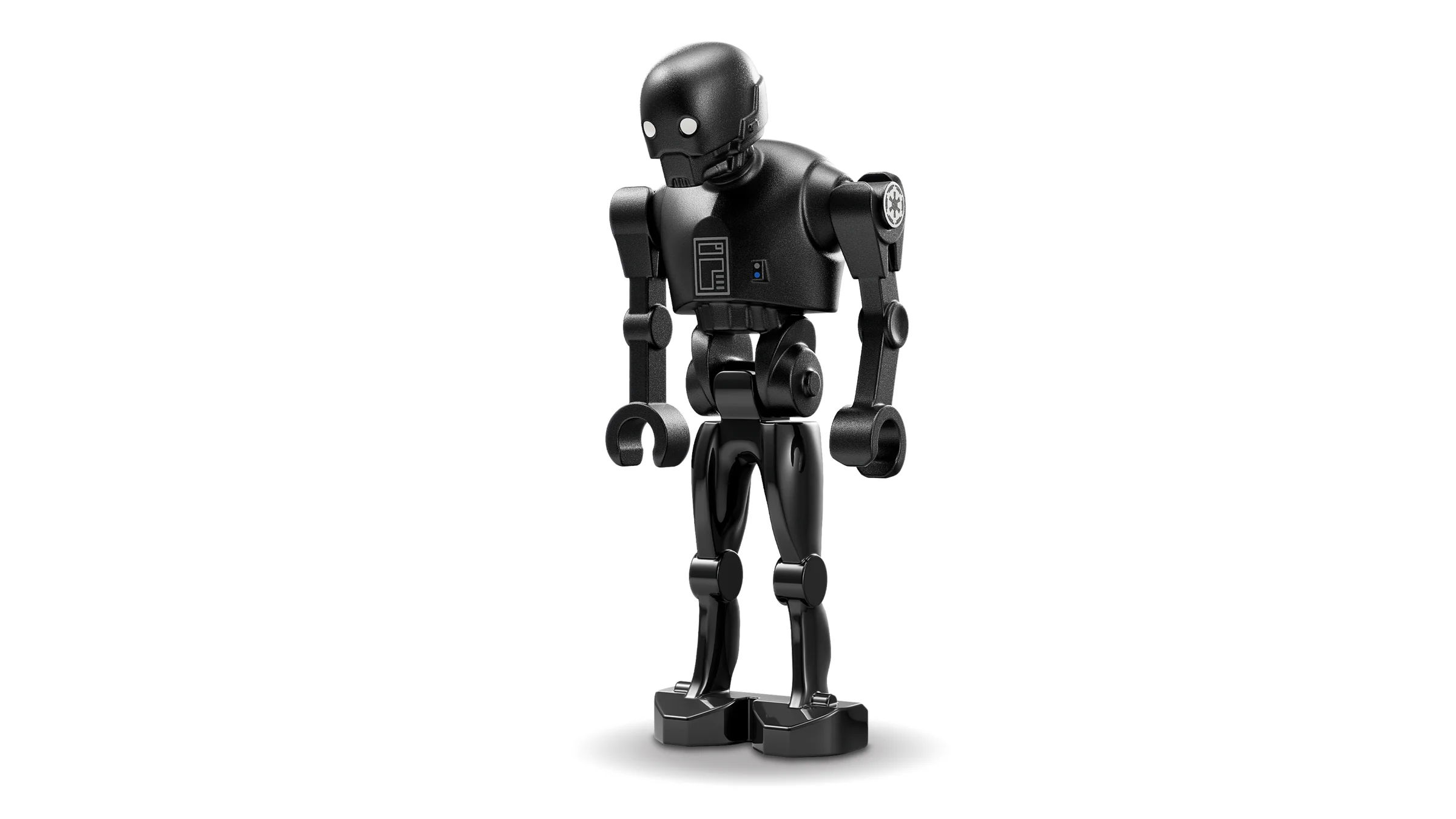 Imagine cu K-2SO LEGO, robotul droid negru Star Wars, pe un fundal alb simplu.