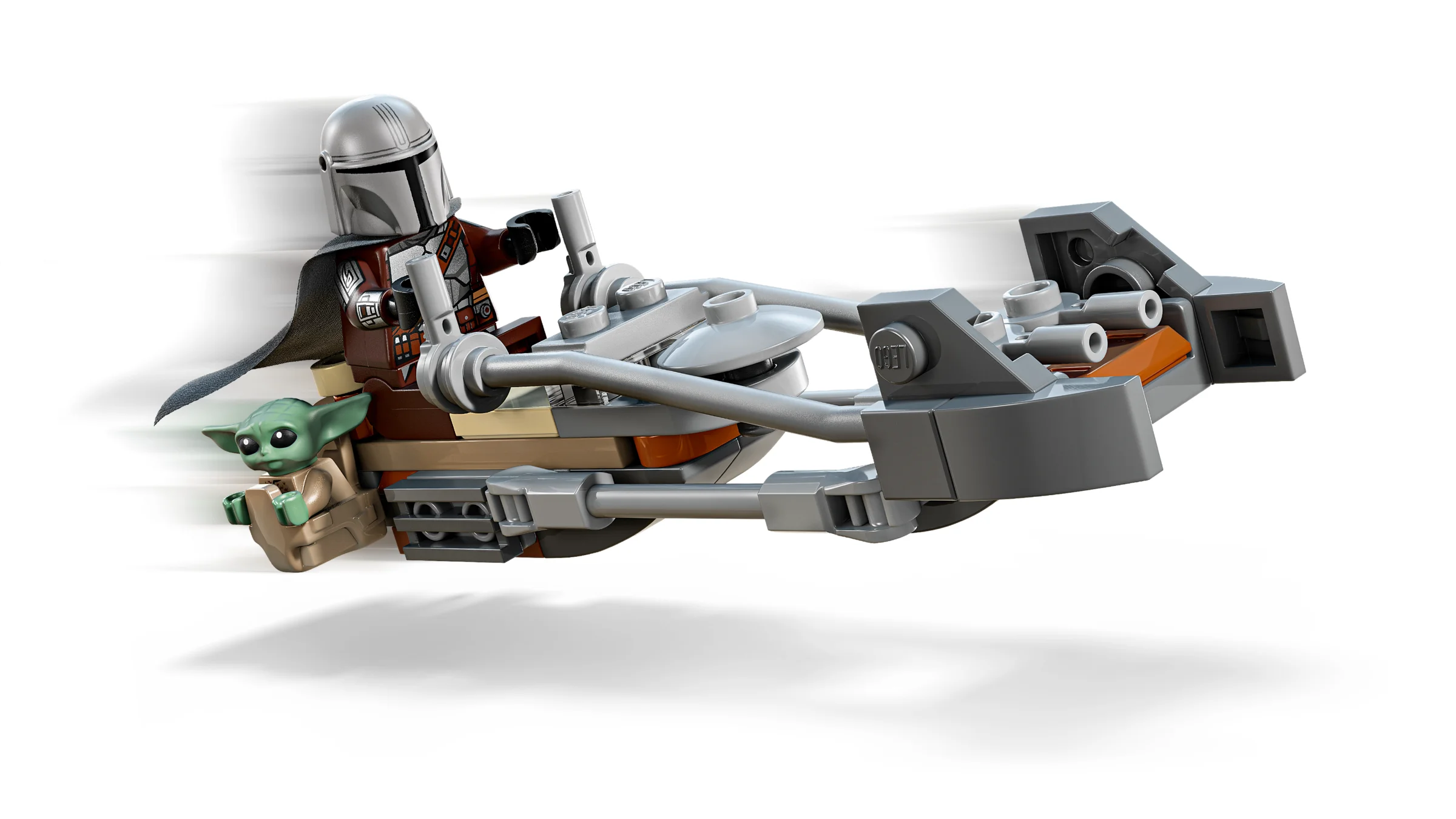 Mandalorian și Grogu pe motocicleta speeder. Imagine detaliată și clară.