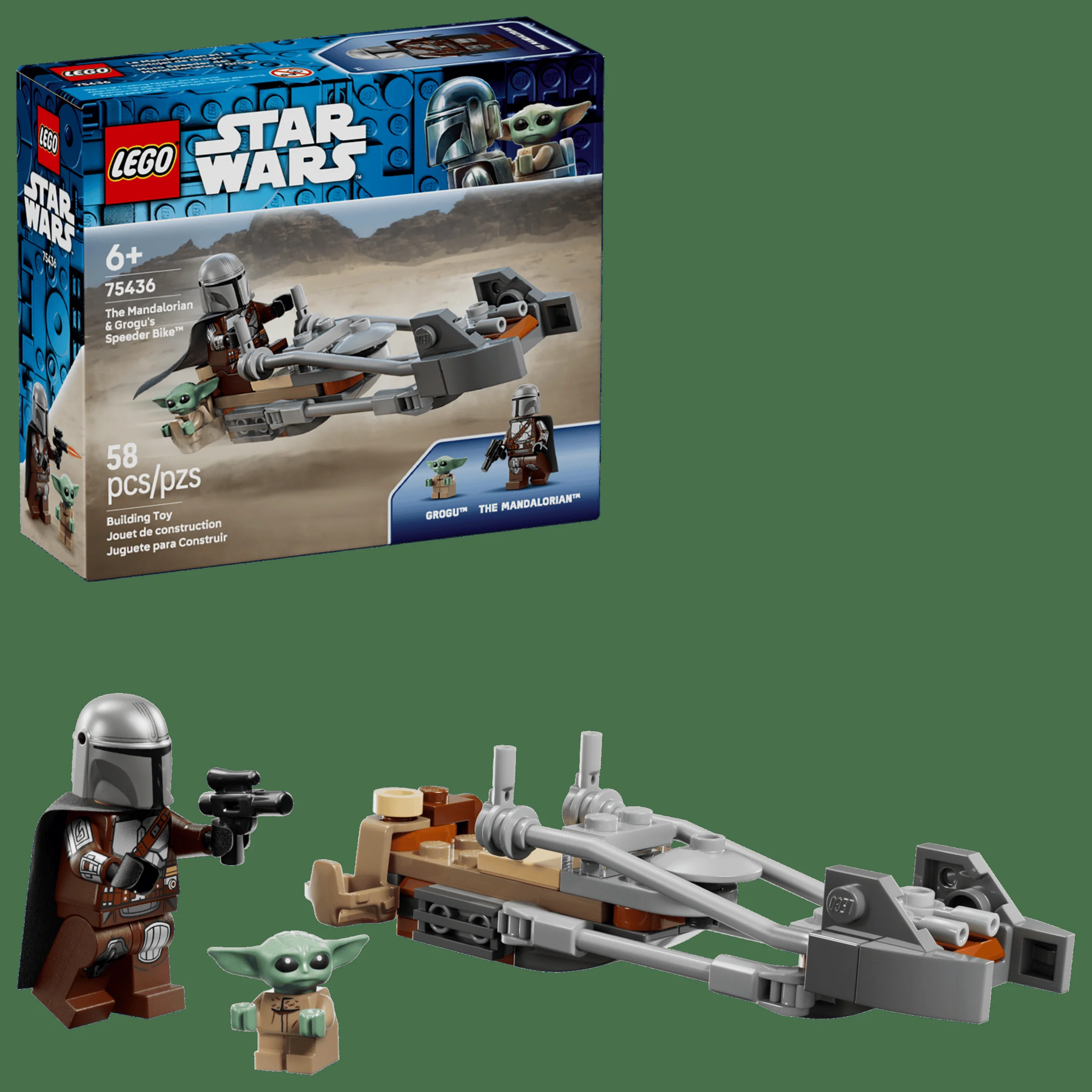 Imagine cu setul LEGO 75436, ce include motocicleta Speeder a Mandalorianului și pe Grogu.