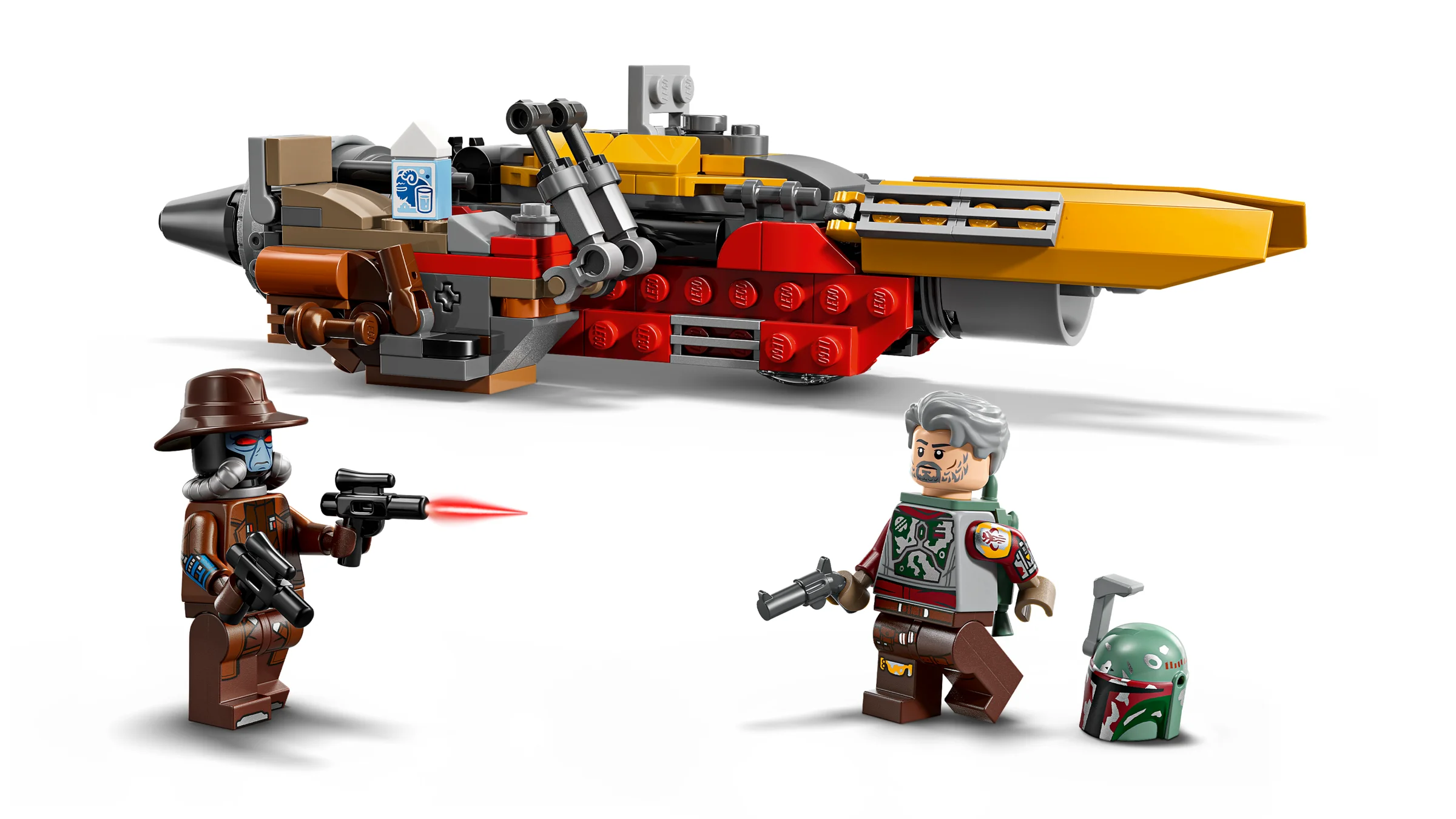 Imagine cu minifigurinele Cobb Vanth și Cad Bane și speeder-ul LEGO Star Wars.