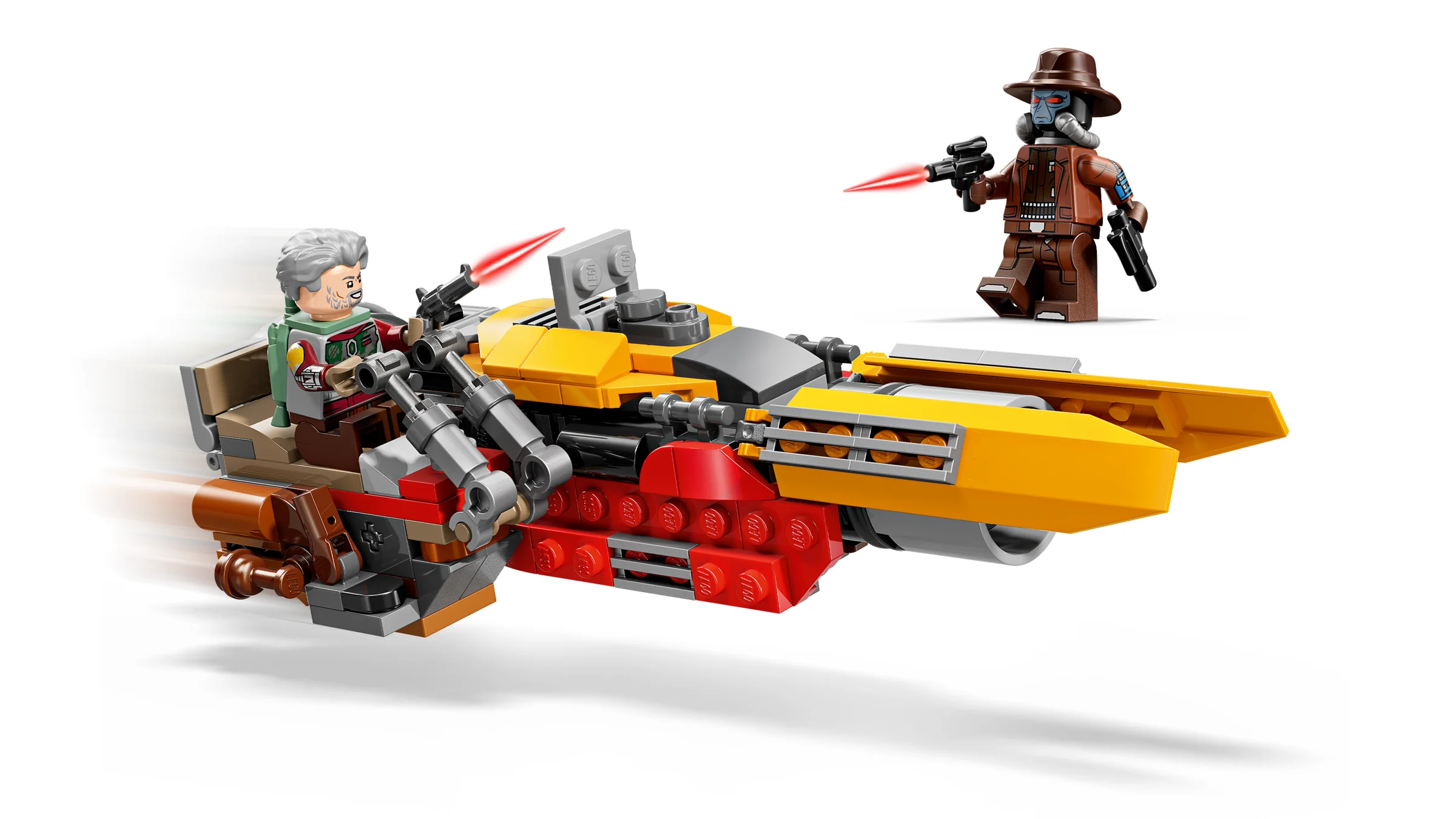 Imagine cu speeder-ul lui Cobb Vanth și Cad Bane LEGO, în acțiune. Detalii și minifigurine.