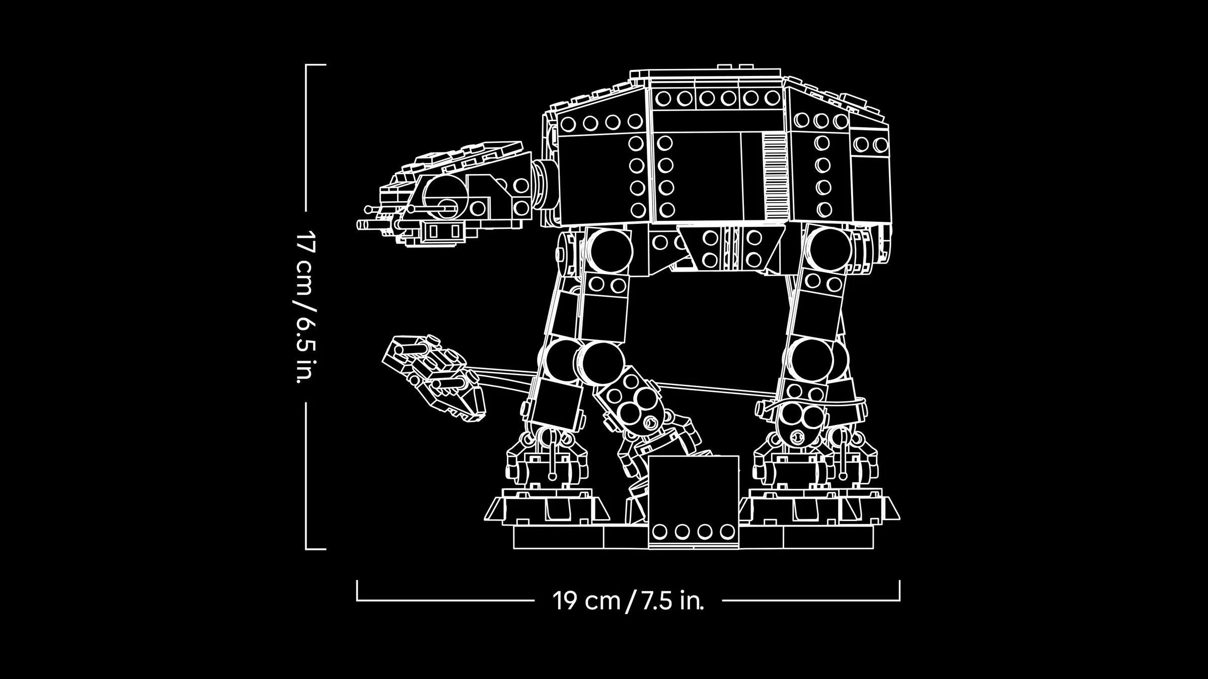 Dimensiunile AT-AT-ului LEGO 75440: 17 cm înălțime și 19 cm lățime. Schiță tehnică.