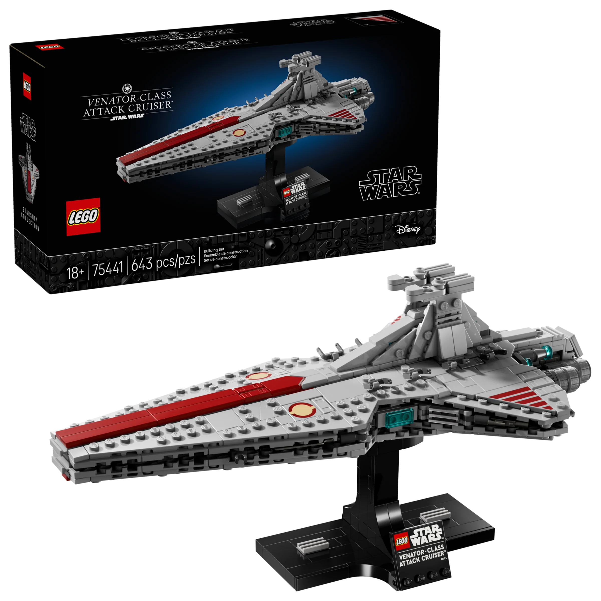 Imagine cu cutia și modelul LEGO Venator-class Attack Cruiser (75441).