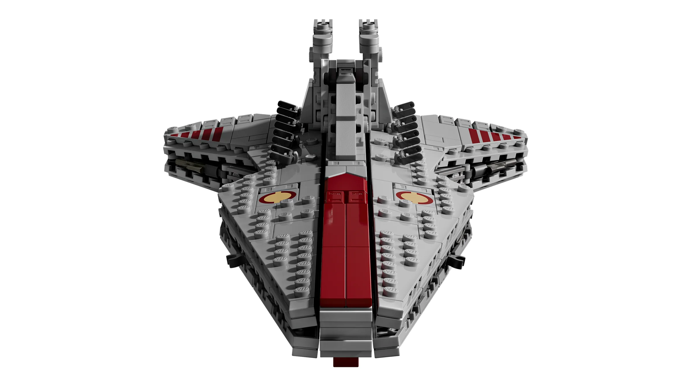 Modelul LEGO Venator-class Attack Cruiser, o navă spațială gri cu accente roșii.