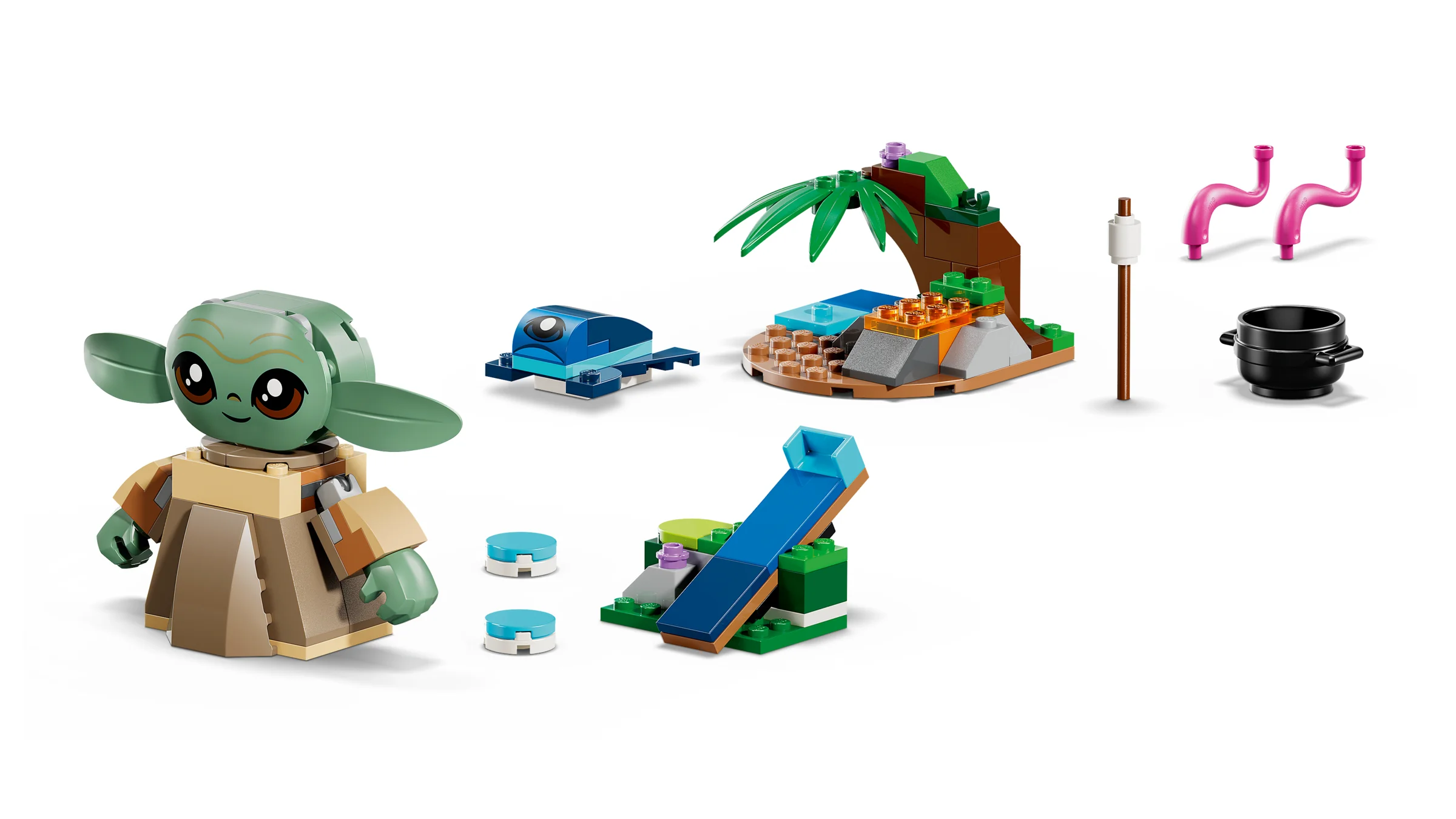 Imagine cu Grogu și habitatul său construit din piese LEGO. Grogu e verde și are o robă maro.