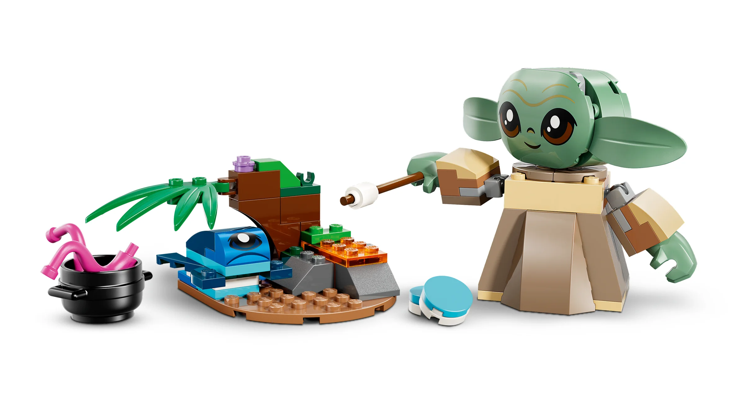 Imagine cu setul LEGO 75443 Grogu's Homestead, cu Grogu și elemente din peisaj.