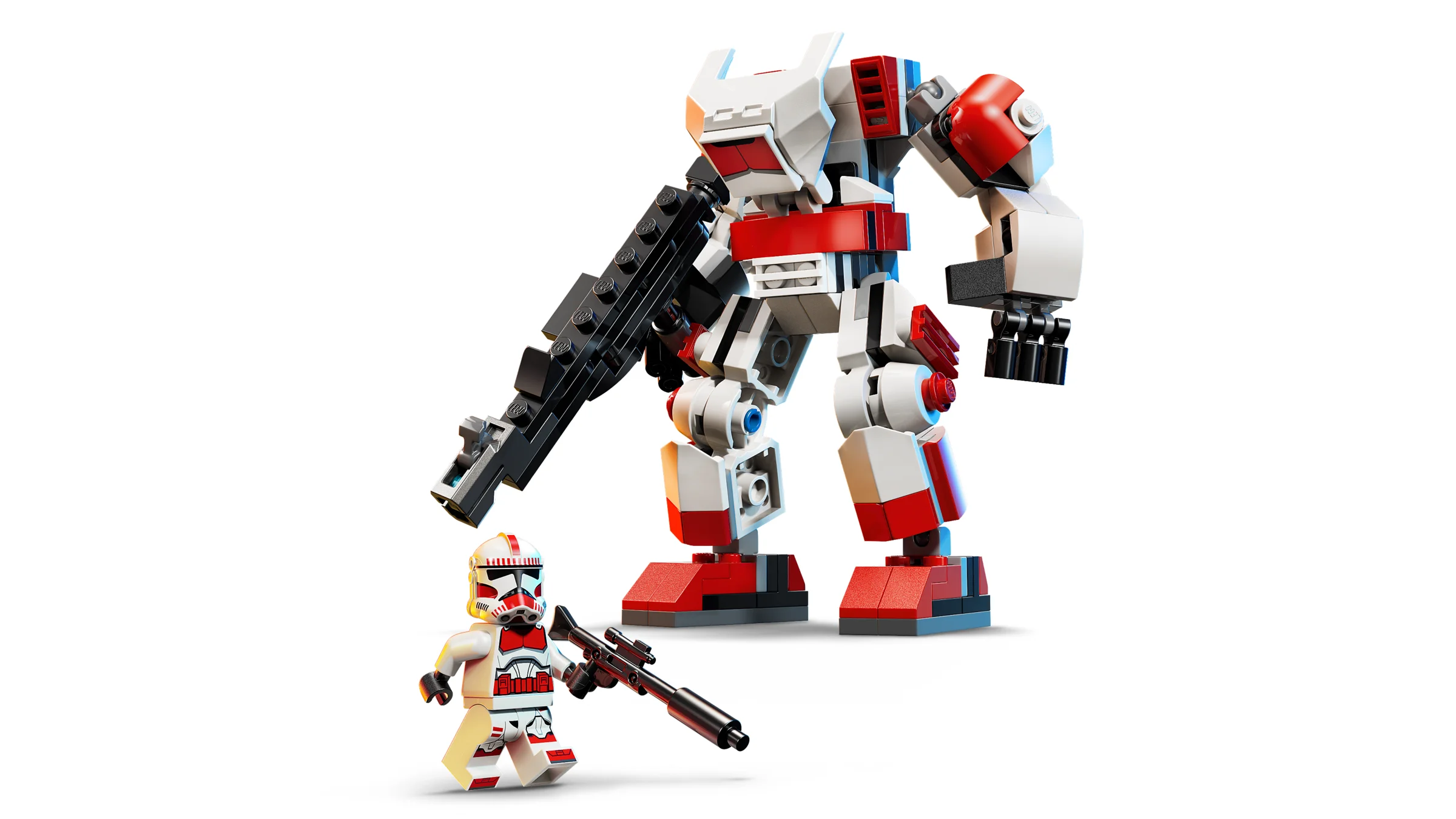 Imagine cu Mech-ul Clone Shock Trooper și minifigurina, ambele albe și roșii.