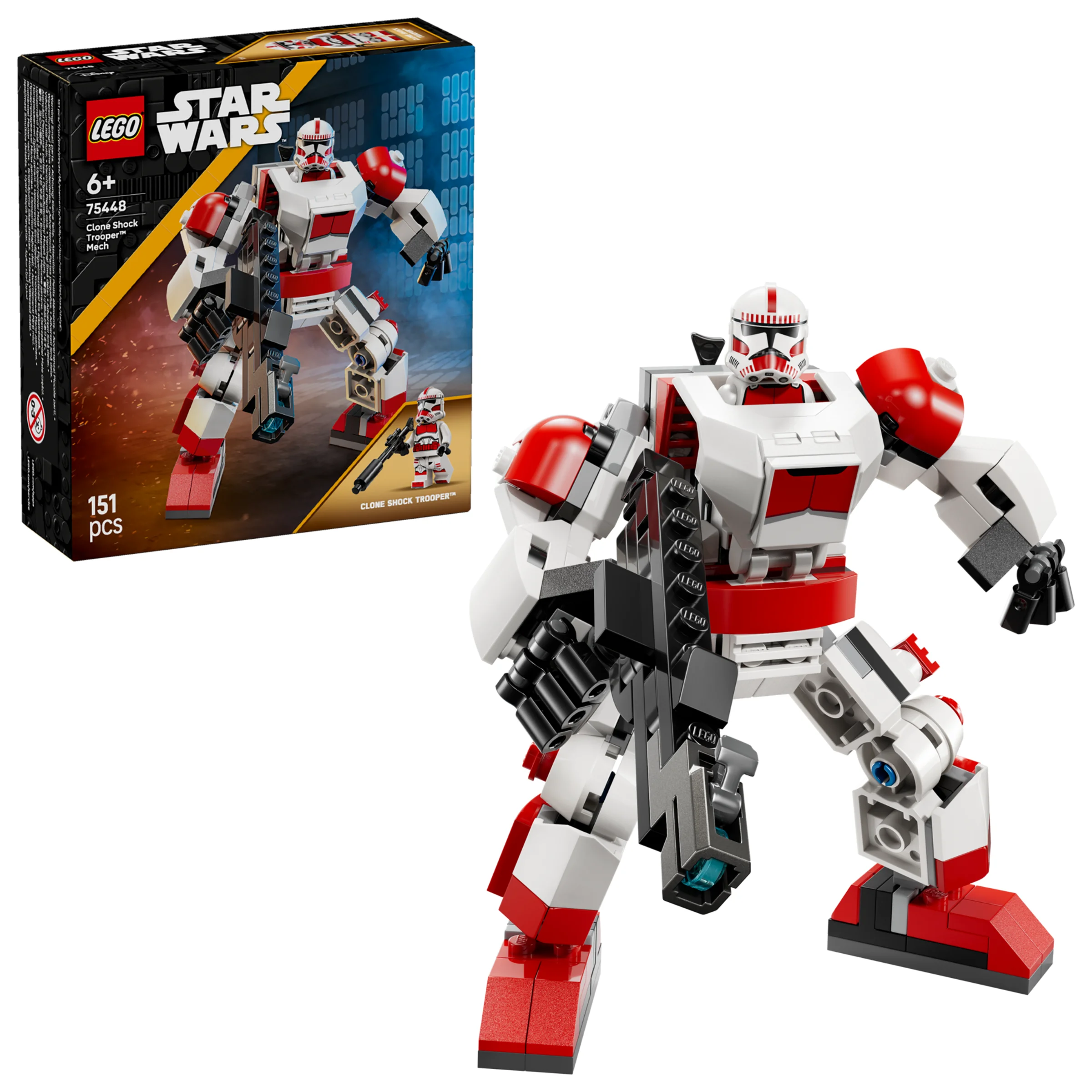 Imagine cu setul LEGO 75448 Mech-ul soldatului clona șoc, alături de cutia sa. Detalii vizibile.