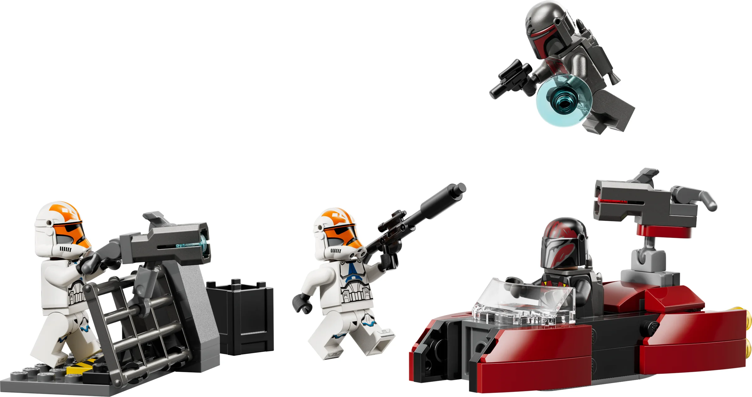 Imagine cu setul LEGO 75449, cu minifigurine și vehicule din asediul Mandalorei.