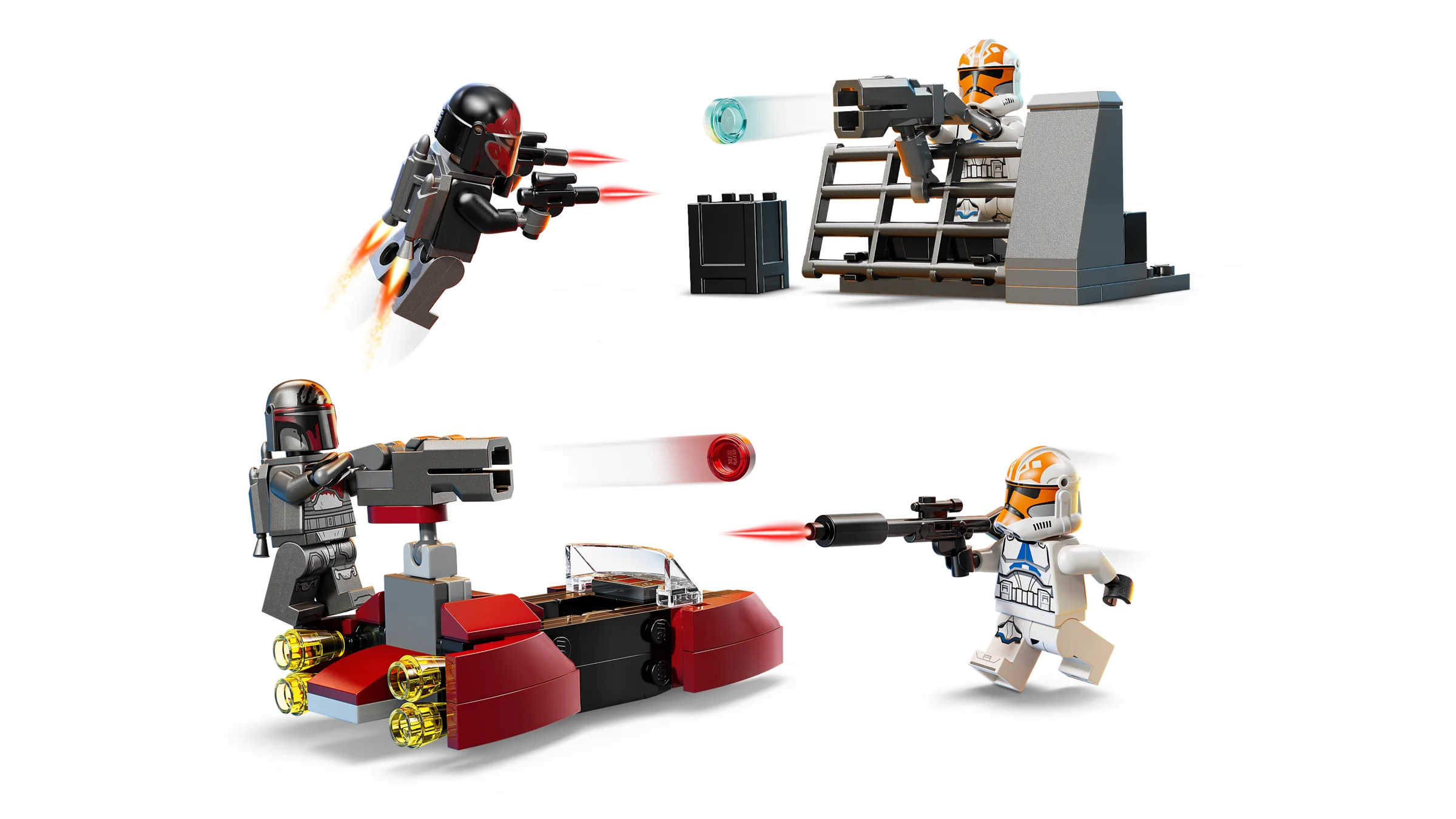 Imagine cu setul LEGO 75449, ce prezintă minifigurinele și vehiculele din pachet.