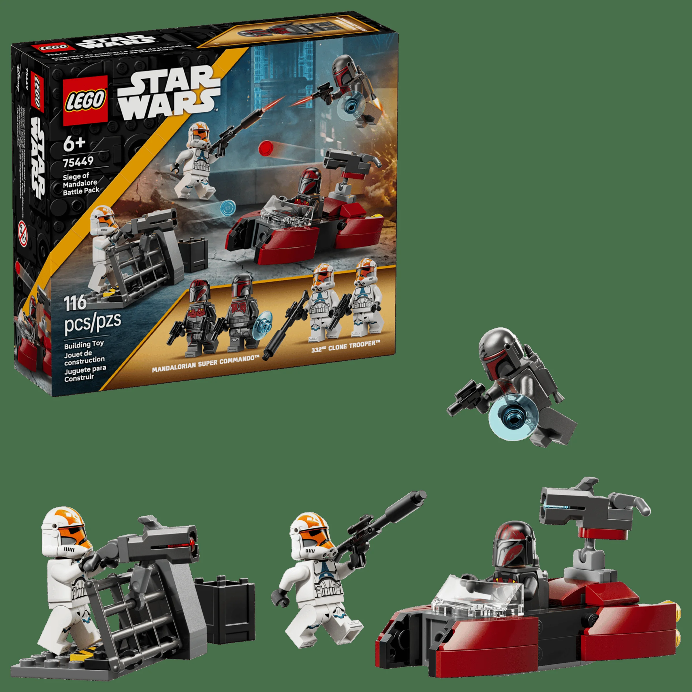 Imagine cu setul LEGO Star Wars 75449, Bătălia pentru Mandalore. Setul include minifigurine și vehicule.