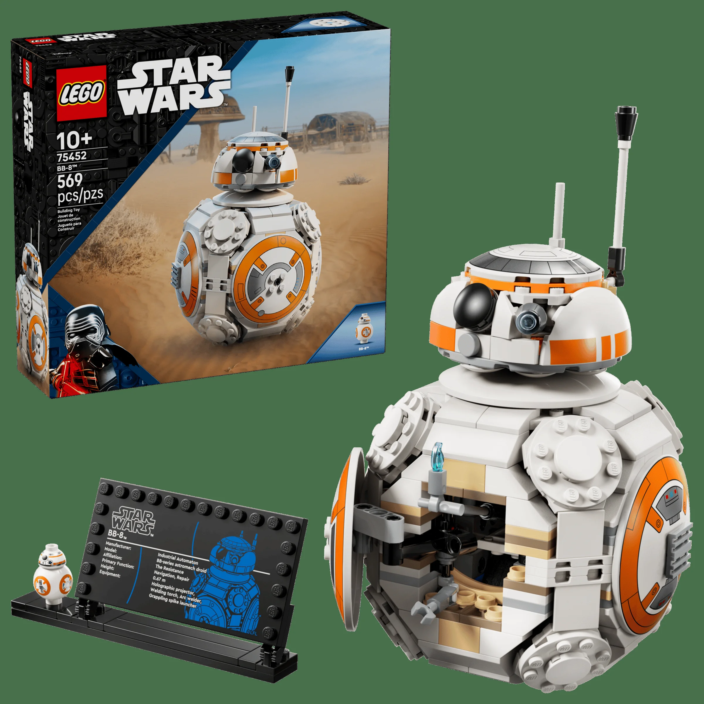 BB-8 LEGO, cu cutia și o placă informativă. Un set detaliat Star Wars pentru fani.