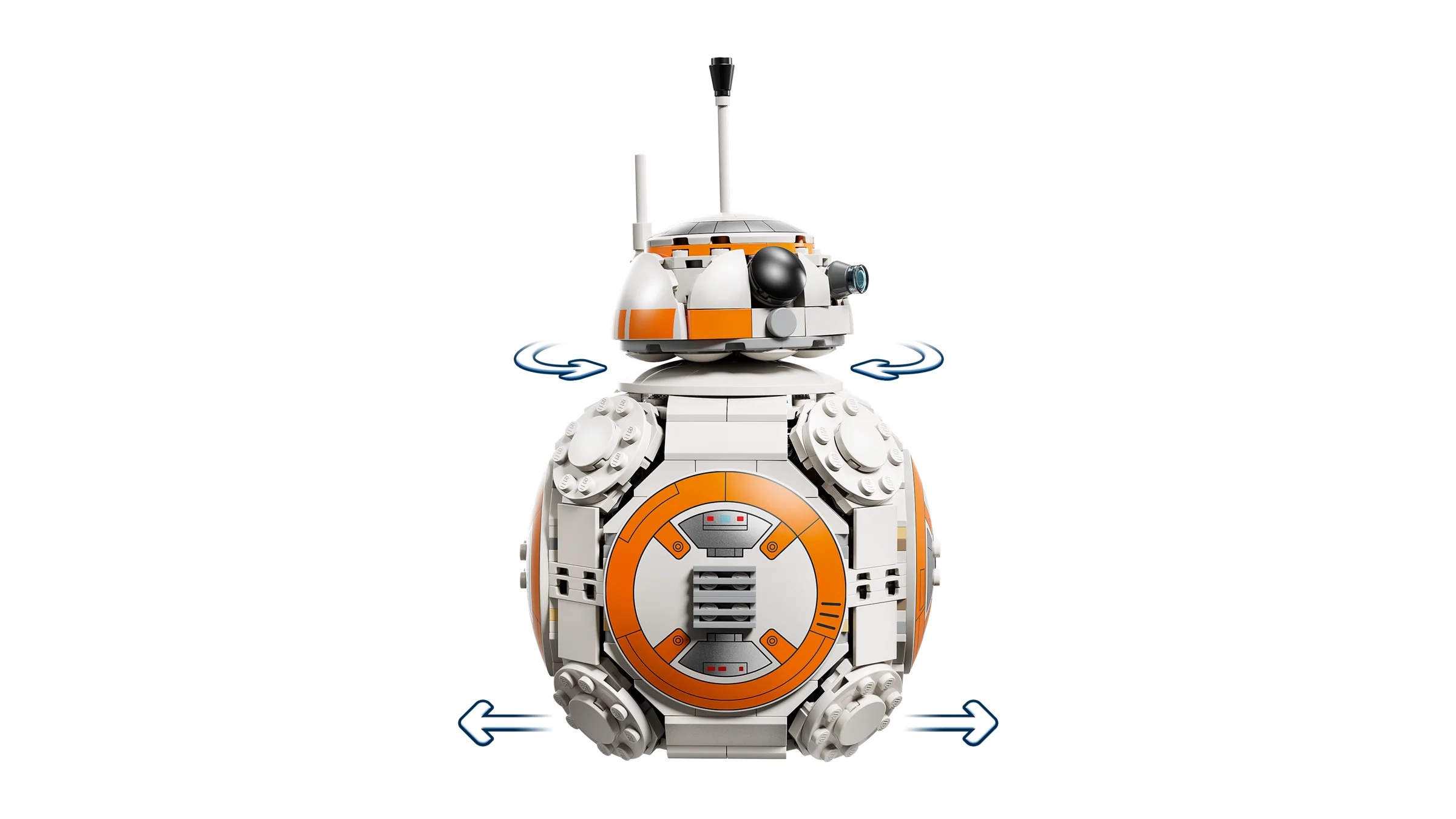 BB-8 LEGO, prezentat din față, cu cap rotativ. Un model detaliat și distractiv.