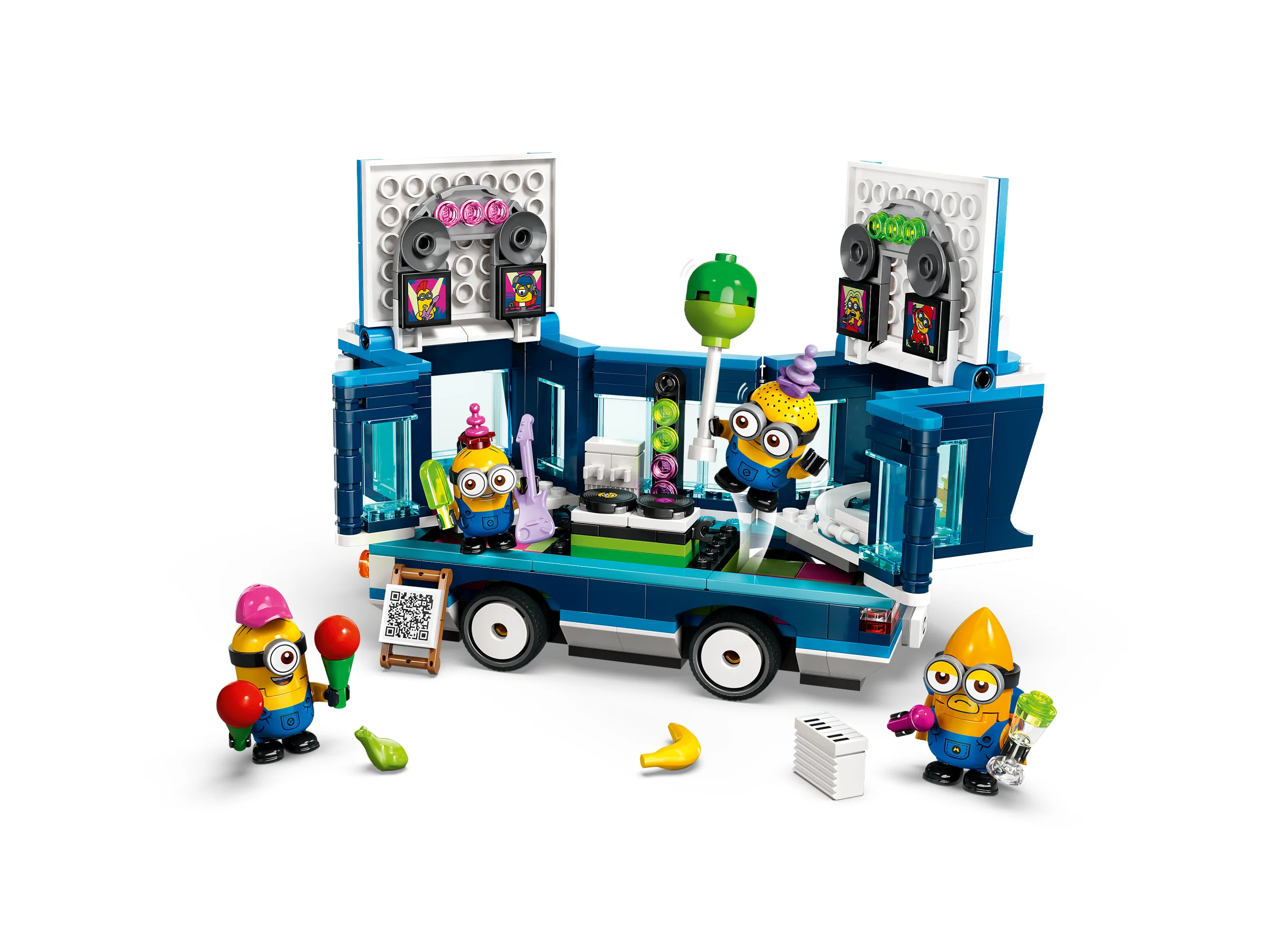Imagine cu autobuzul muzical al Minionilor, un set LEGO Despicable Me, prezentând diverse detalii și figurine.