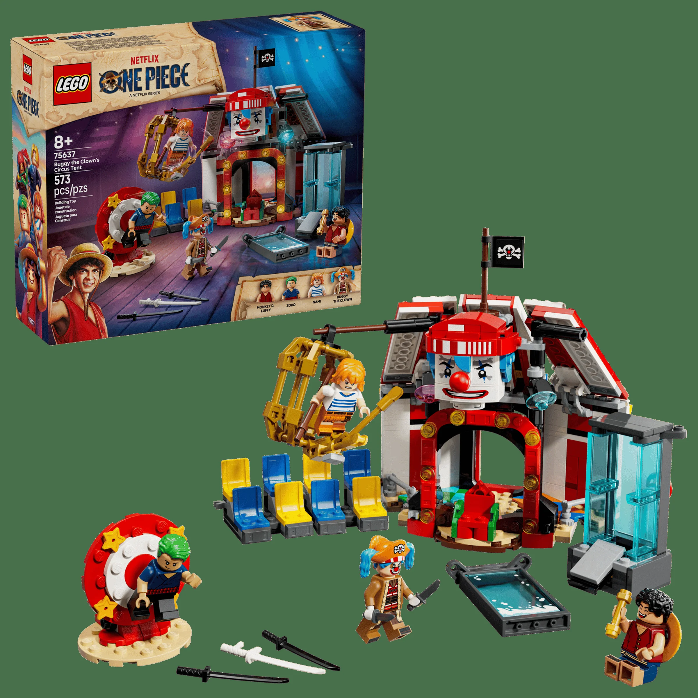 Imagine cu setul LEGO 75637, „Circul lui Buggy Clovnul”, incluzând clădirea, minifigurinele și cutia setului.