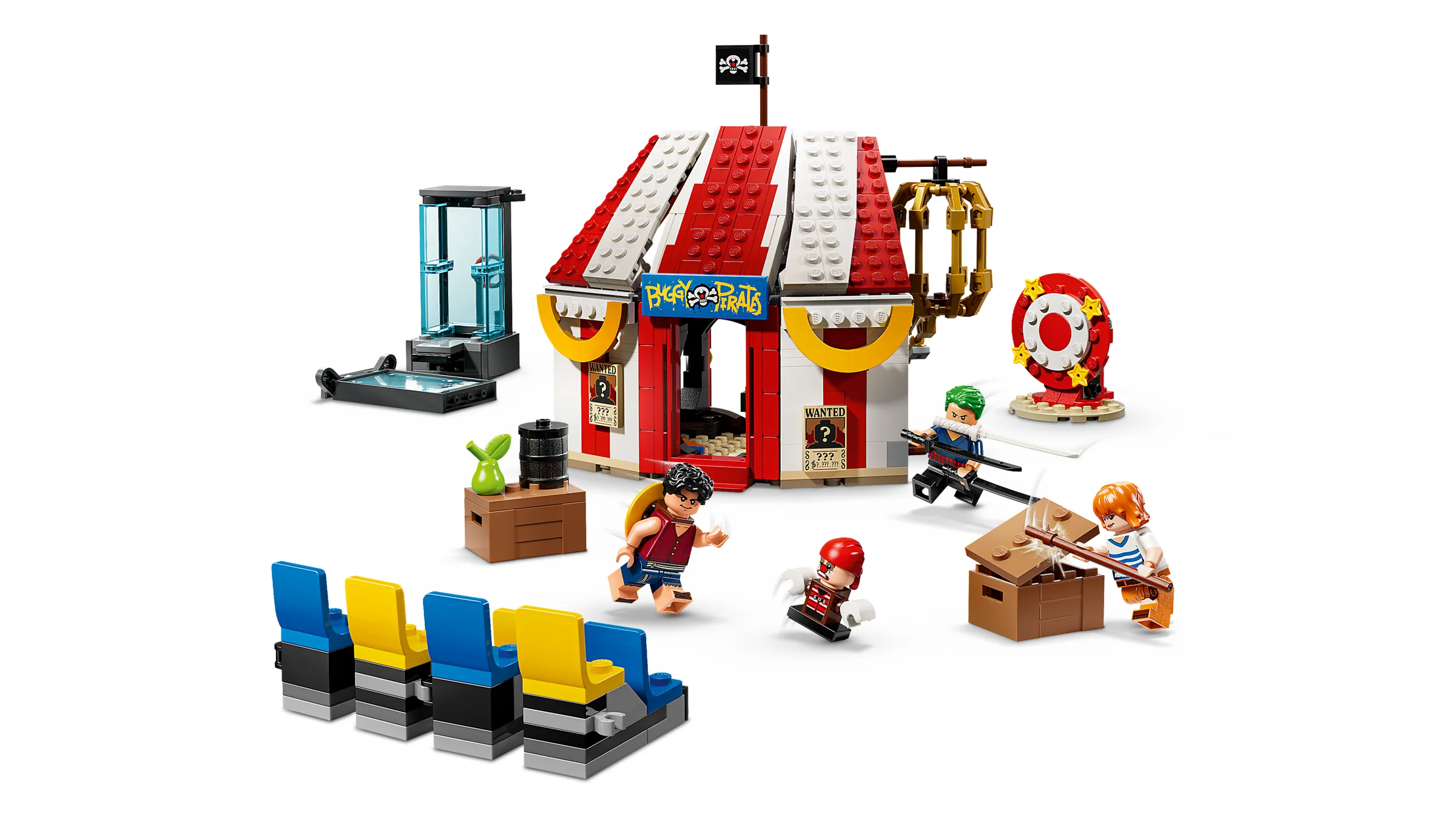 Imagine cu setul LEGO 75637, cortul de circ al lui Buggy clovnul, cu minifigurinele personajelor One Piece.