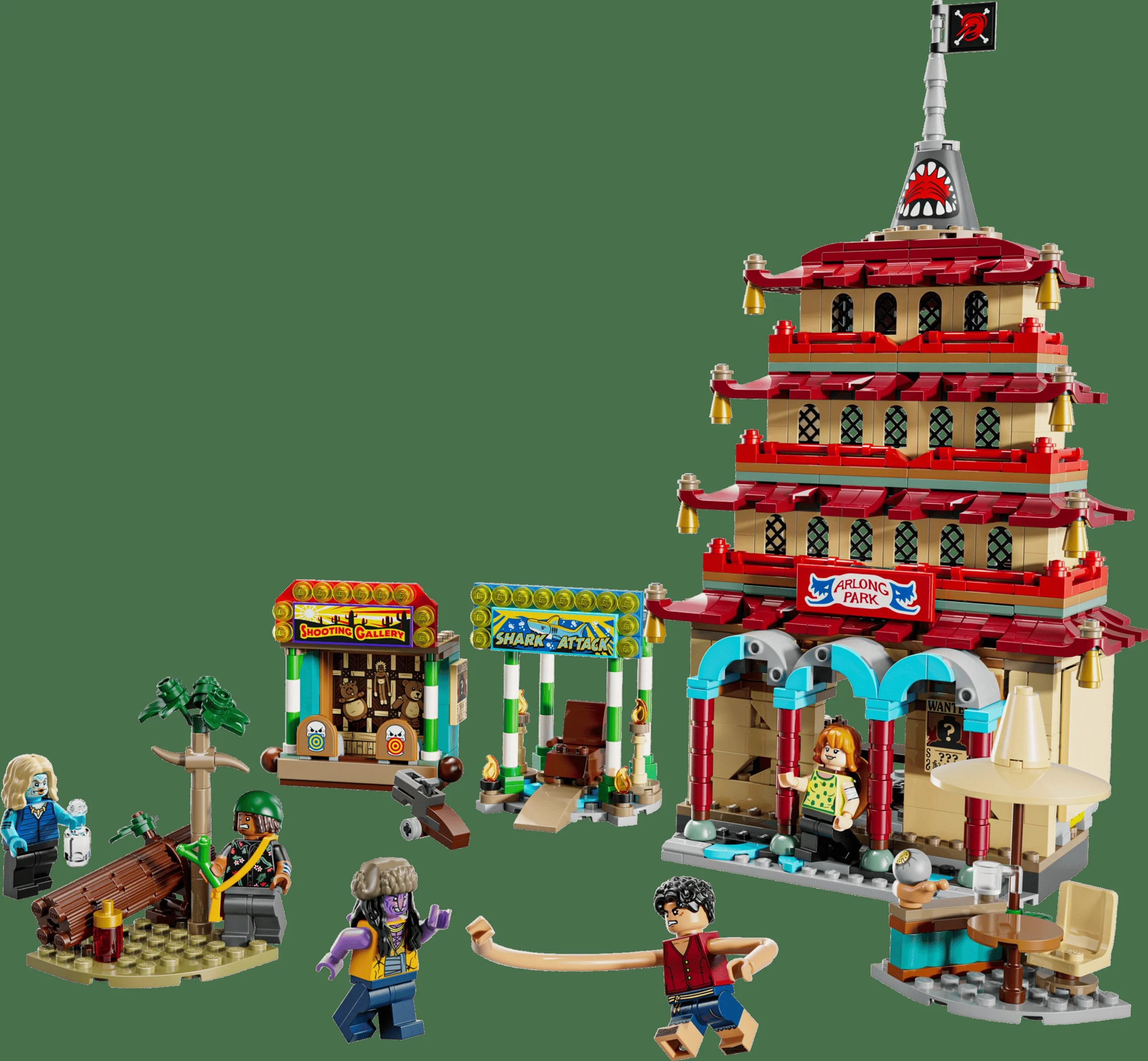 Arlong Park LEGO: Scenă detaliată cu clădirea principală și minifigurinele incluse.