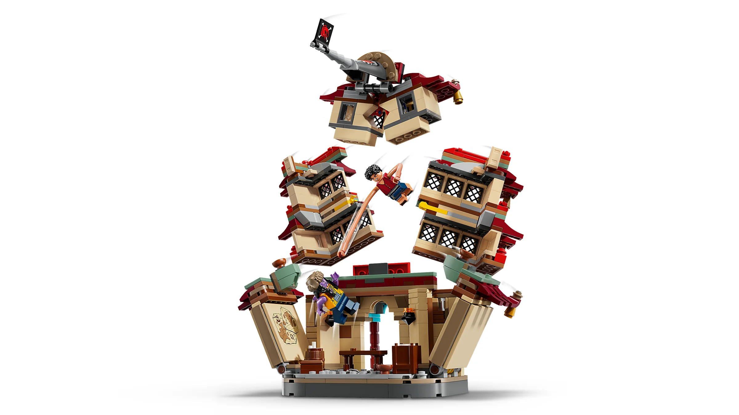 Imagine cu setul LEGO Arlong Park distrus, minifigurine în acțiune. Set spectaculos!
