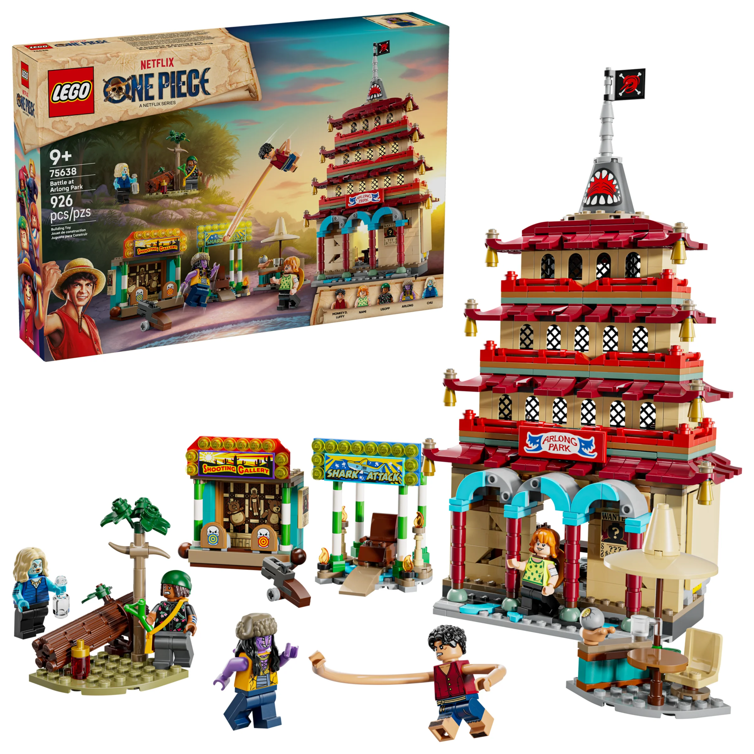 Imagine cu setul LEGO 75638 Bătălia de la Arlong Park, cu clădirea principală și minifigurinele.