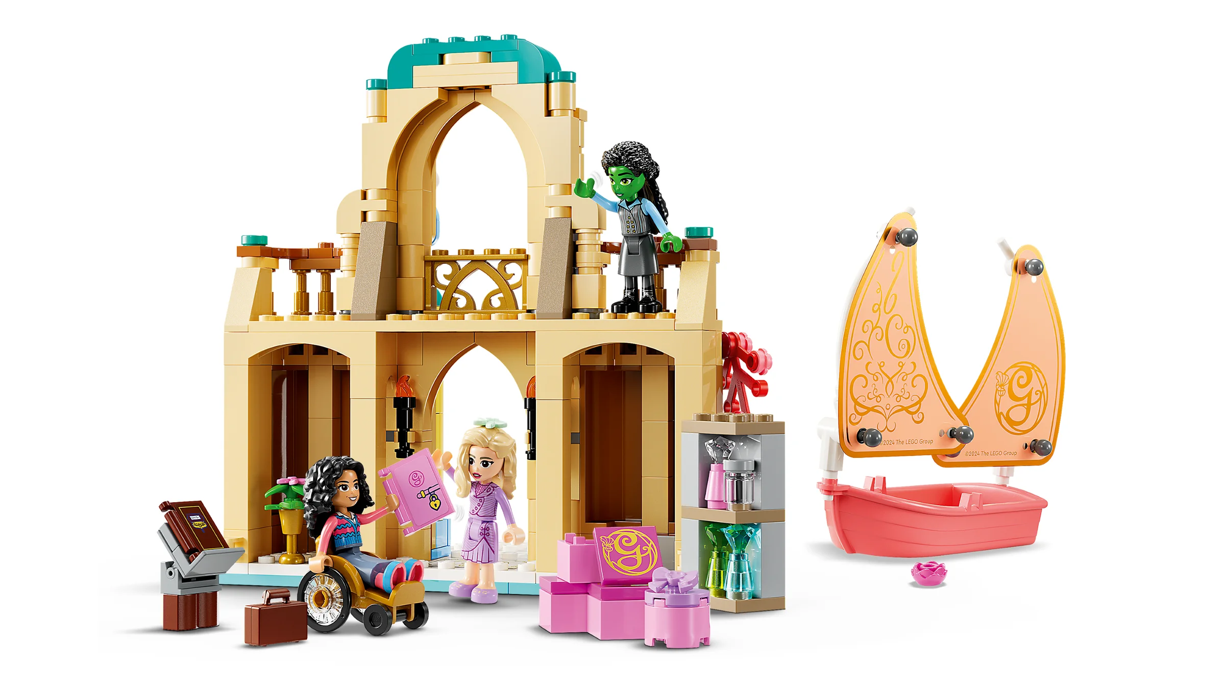 Imagine cu setul LEGO 75681: Glinda, Elphaba și Nessarose la Universitatea Shiz. Include minifigurine și detalii ale clădirii.